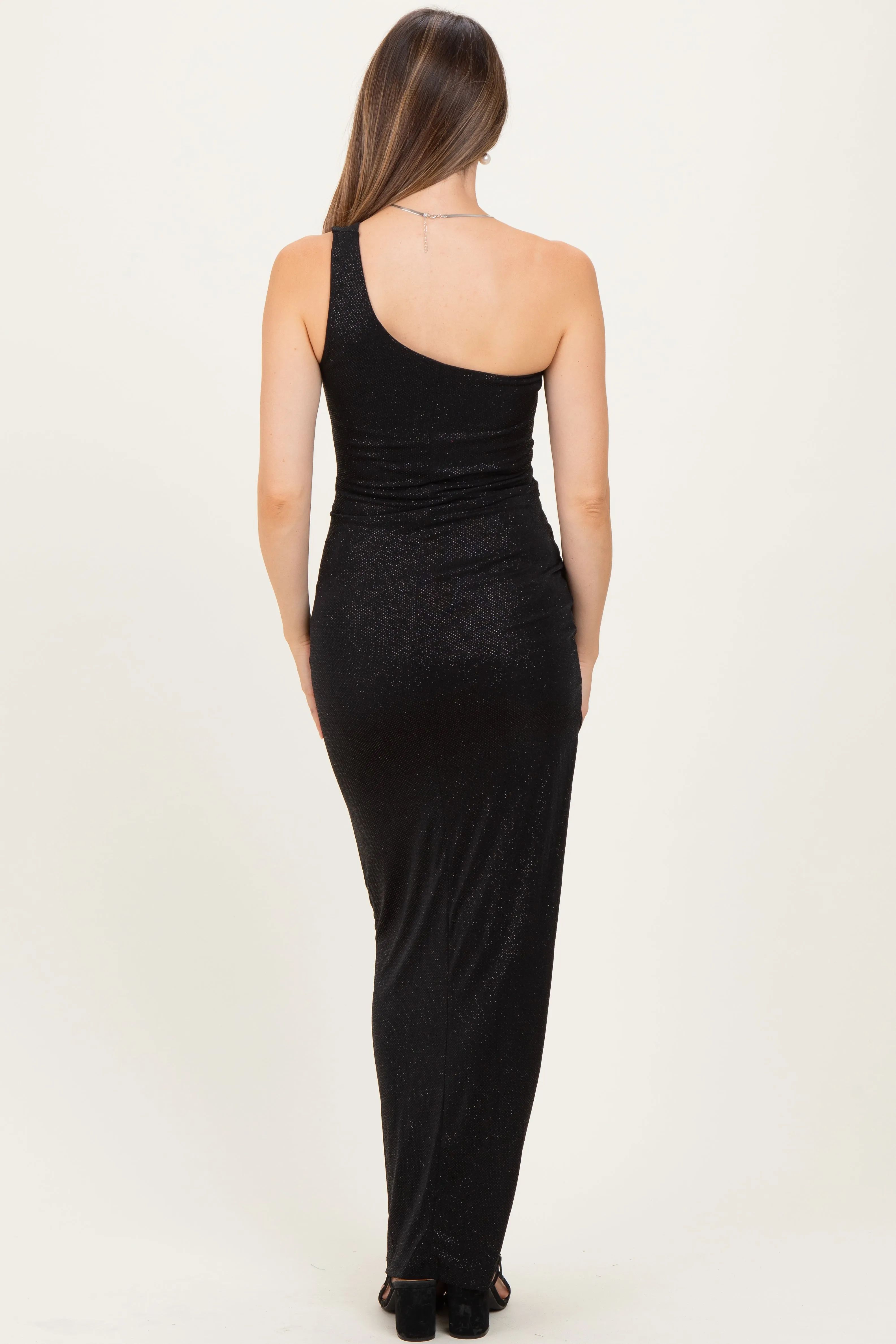 Black Glitter One Shoulder Side Slit Maternity Maxi Dress sold by Pinkblush product image thumbnail 4