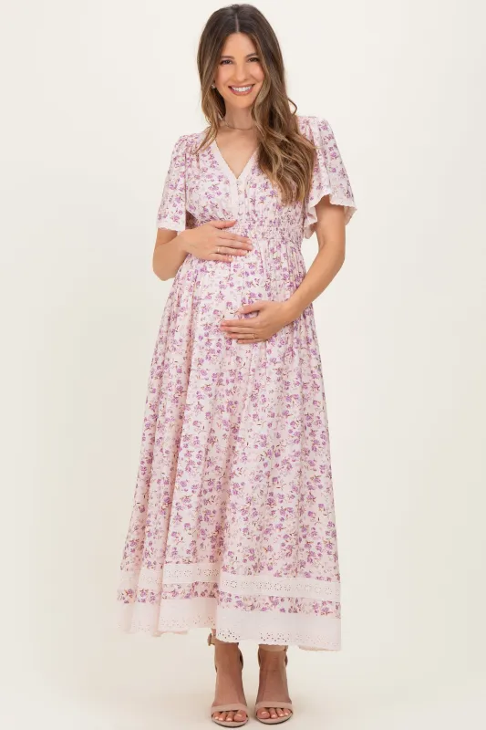 Lavender Floral Lace Trim Flutter Sleeve Maternity Maxi Dress sold by Pinkblush