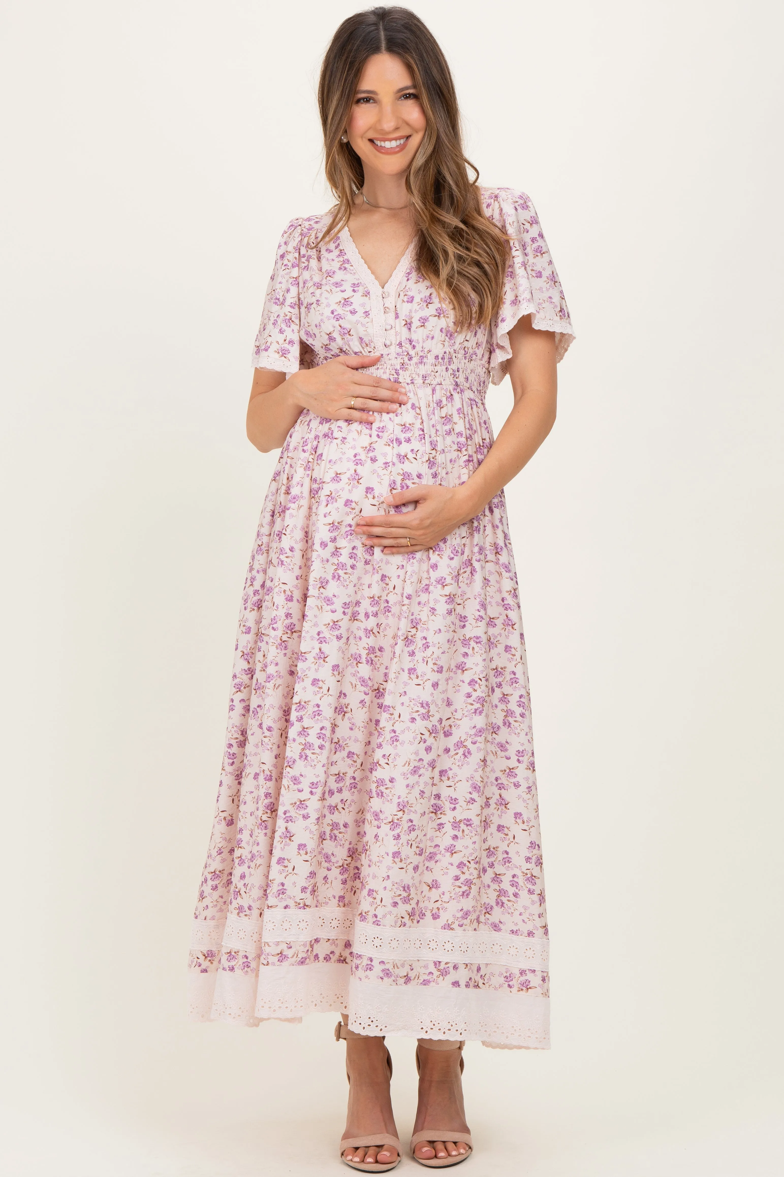 Lavender Floral Lace Trim Flutter Sleeve Maternity Maxi Dress sold by Pinkblush