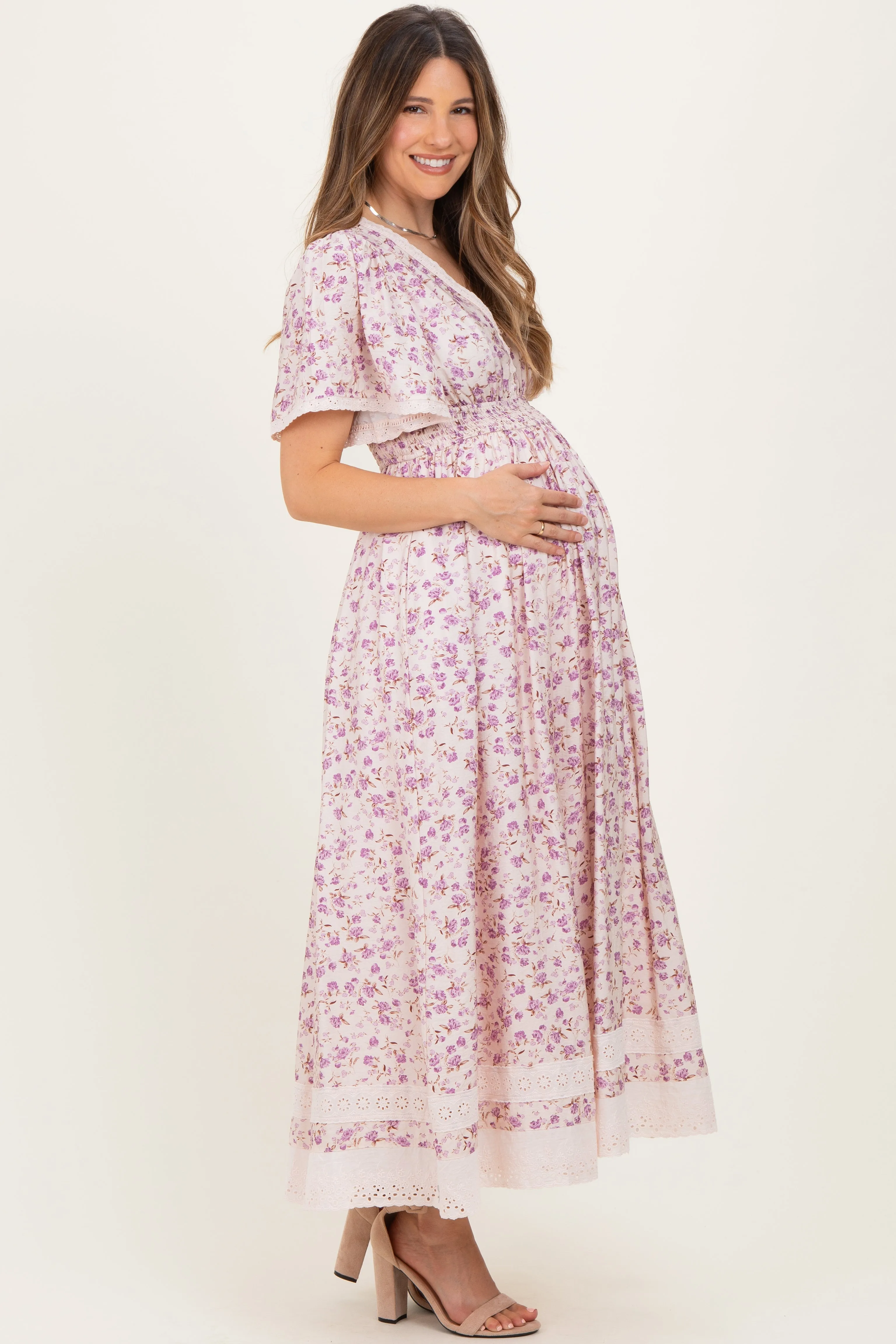 Lavender Floral Lace Trim Flutter Sleeve Maternity Maxi Dress sold by Pinkblush product image thumbnail 2