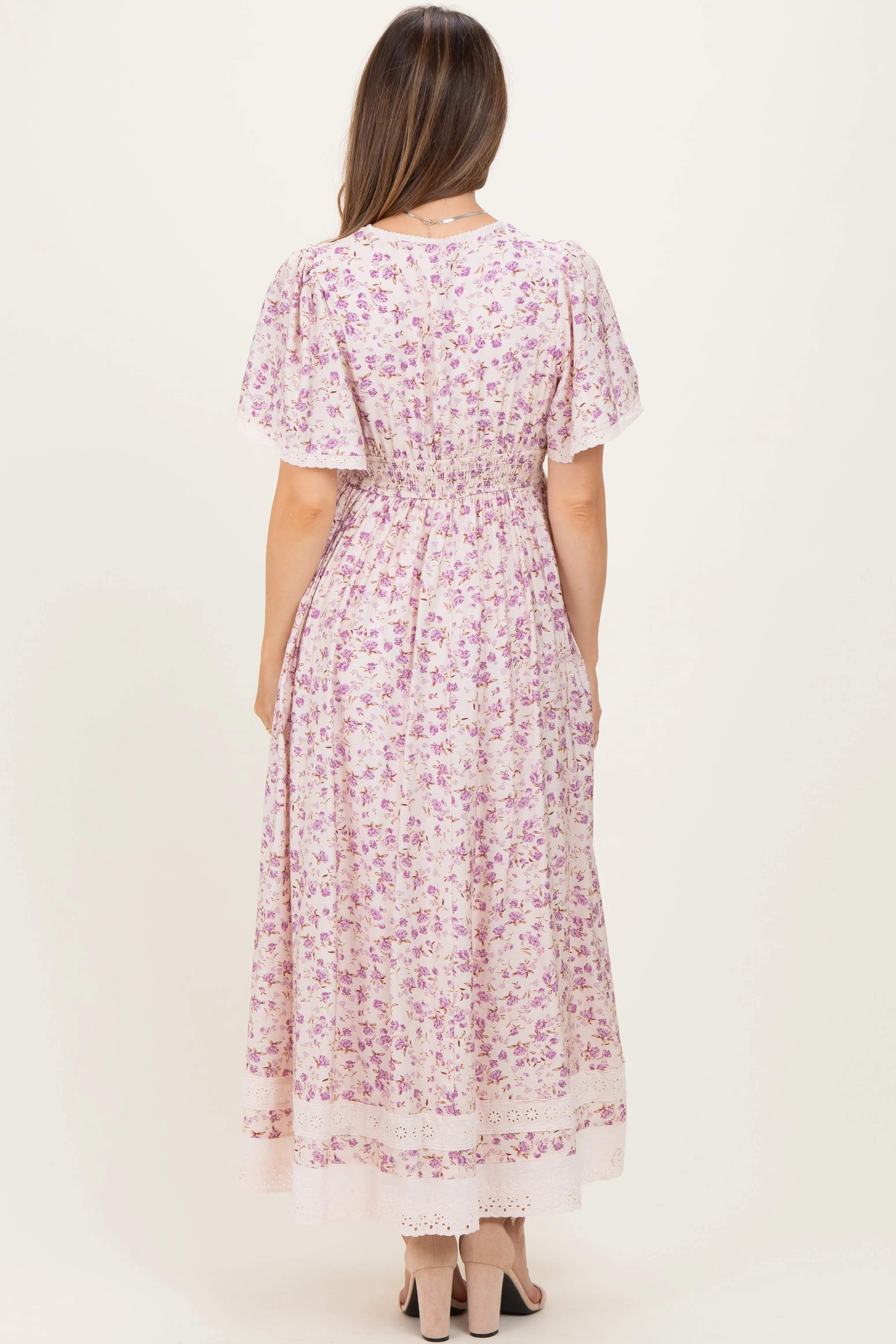 Lavender Floral Lace Trim Flutter Sleeve Maternity Maxi Dress sold by Pinkblush product image thumbnail 3
