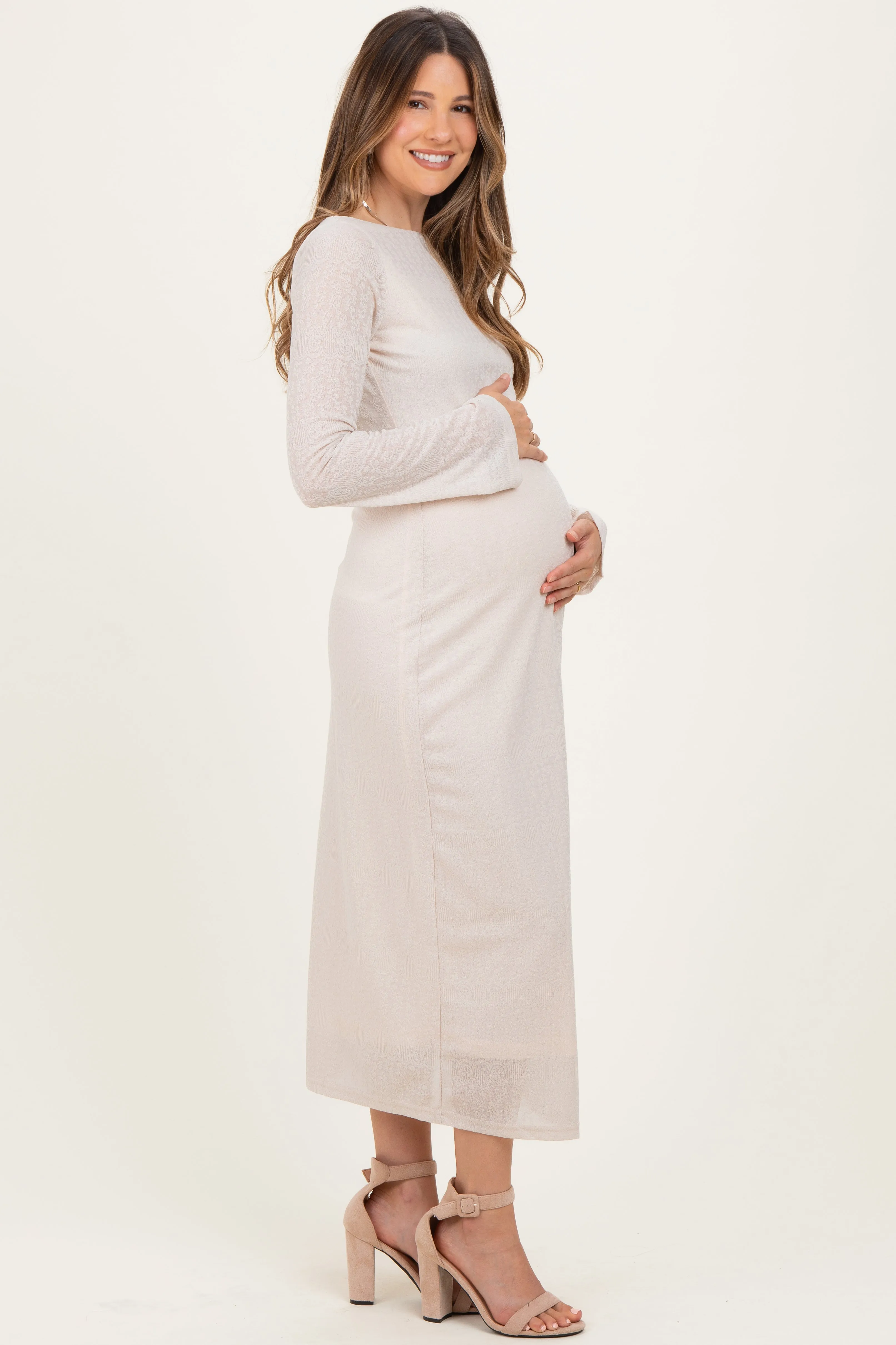Beige Lace Jacquard Long Sleeve Maternity Midi Dress sold by Pinkblush product image thumbnail 3