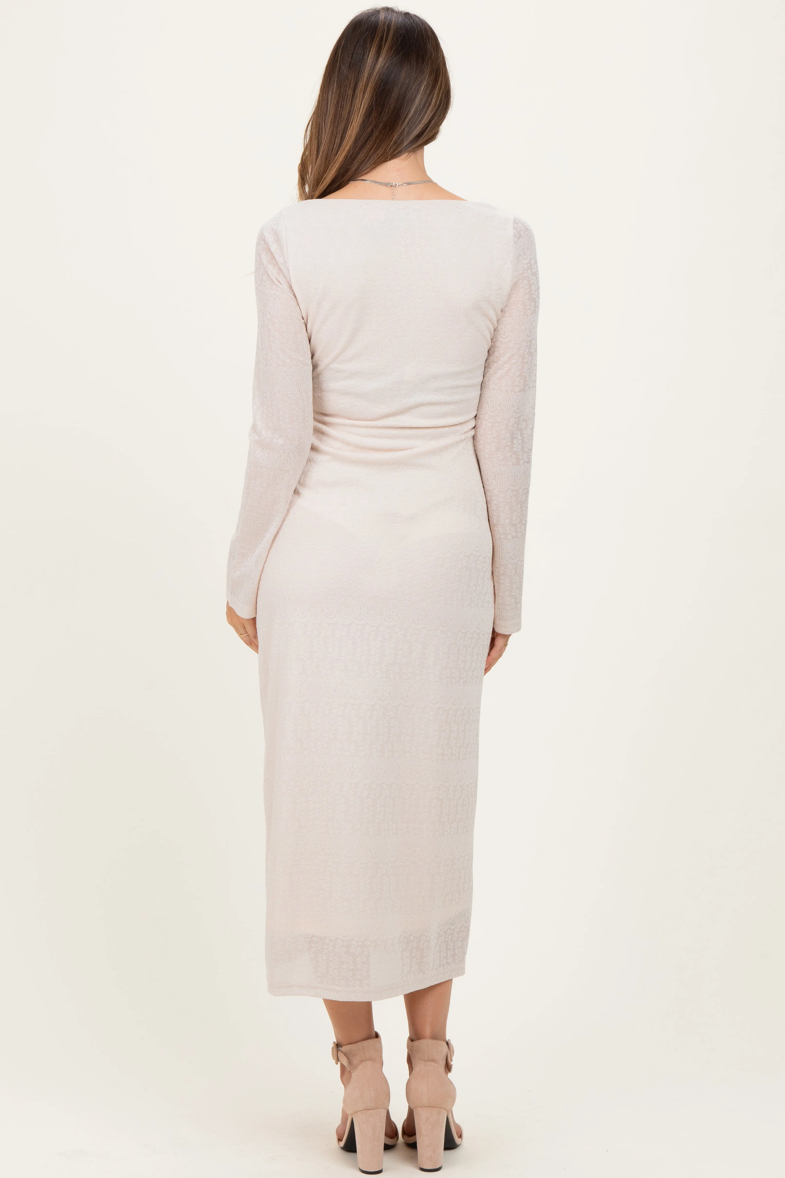 Beige Lace Jacquard Long Sleeve Maternity Midi Dress sold by Pinkblush product image thumbnail 4