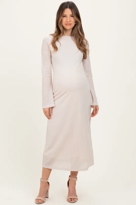Beige Lace Jacquard Long Sleeve Maternity Midi Dress sold by Pinkblush