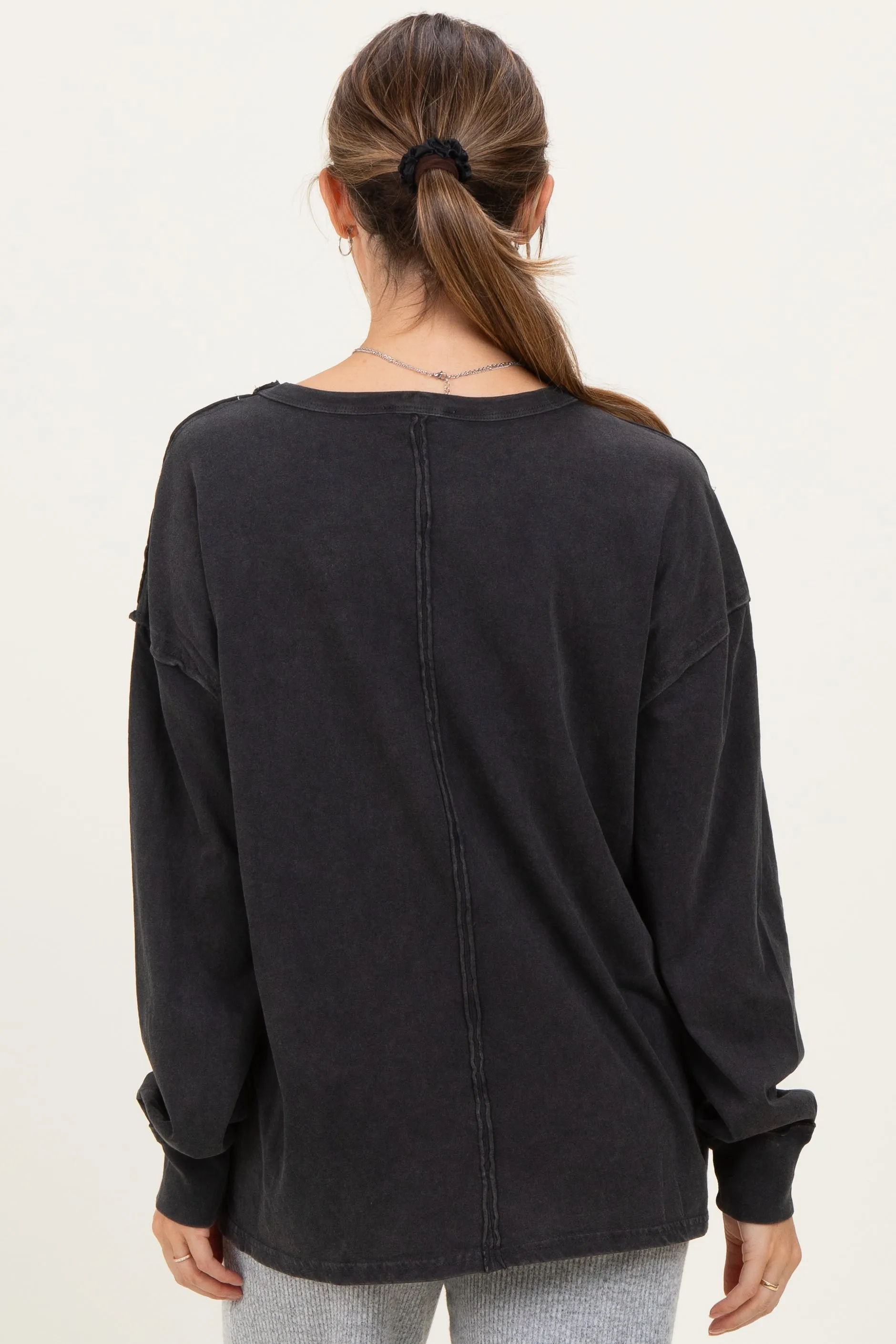 Black Oversized Washed Long Sleeve Pocket Maternity Top sold by Pinkblush product image thumbnail 4