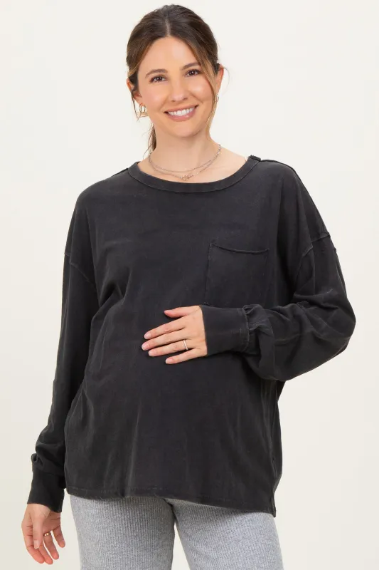 Black Oversized Washed Long Sleeve Pocket Maternity Top sold by Pinkblush