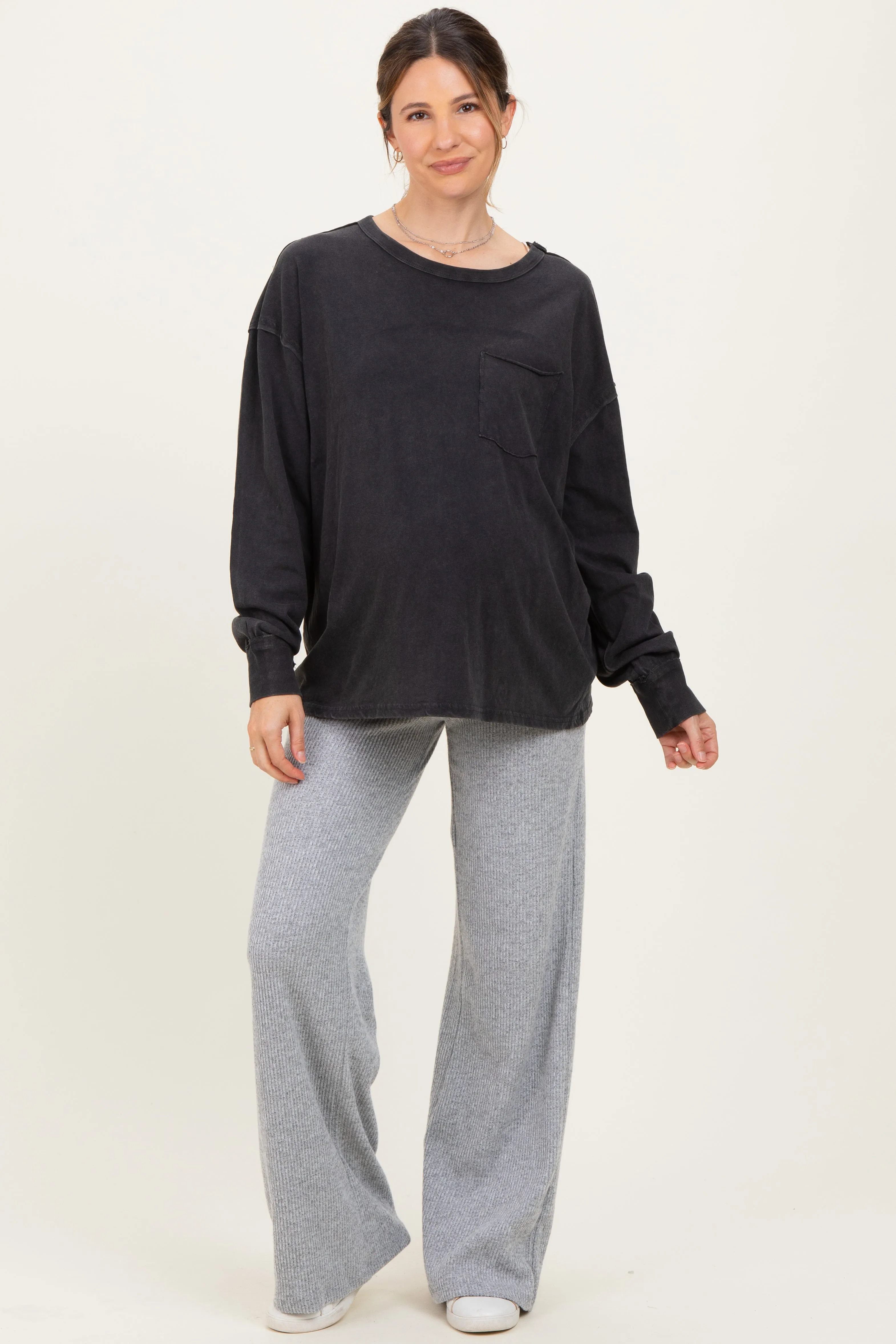 Black Oversized Washed Long Sleeve Pocket Maternity Top sold by Pinkblush product image thumbnail 2