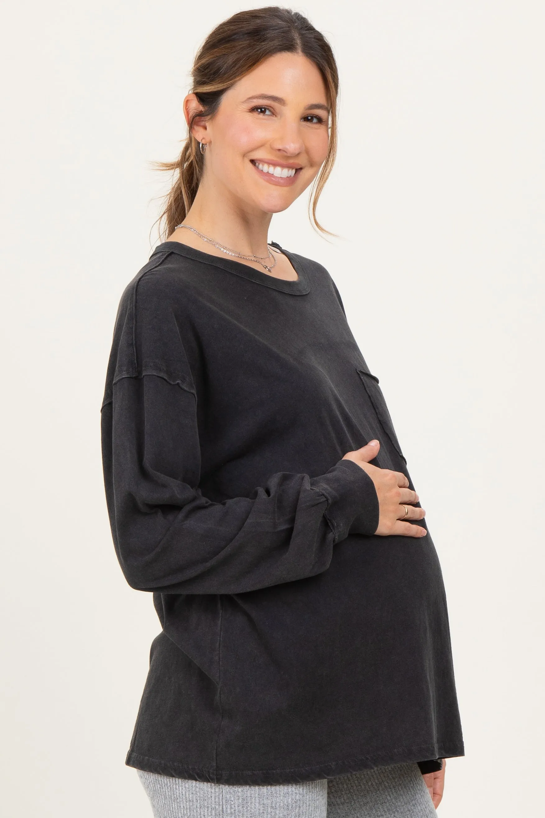 Black Oversized Washed Long Sleeve Pocket Maternity Top sold by Pinkblush product image thumbnail 3