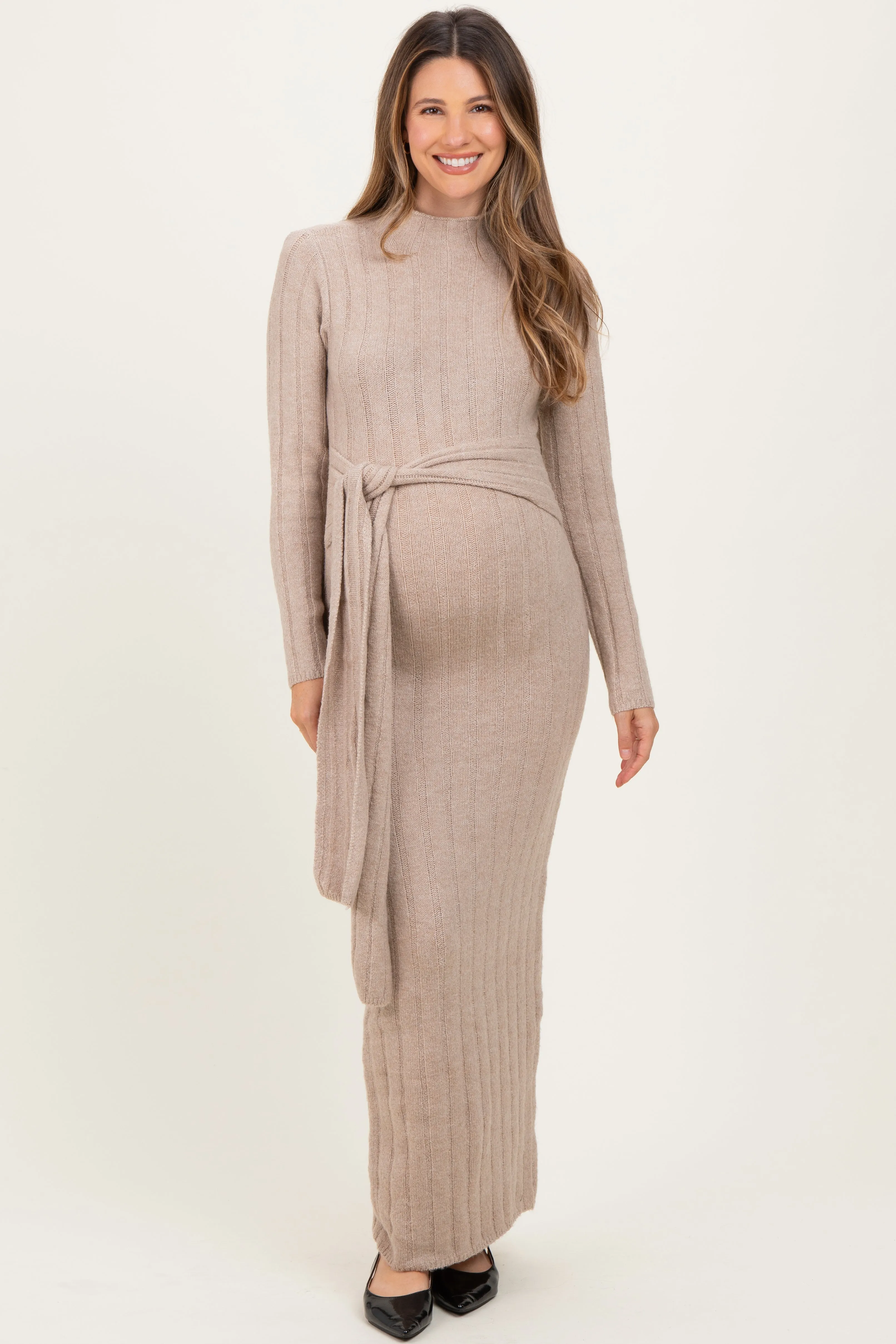 Beige Ribbed Front Tie Maternity Maxi Sweater Dress sold by Pinkblush product image thumbnail 2