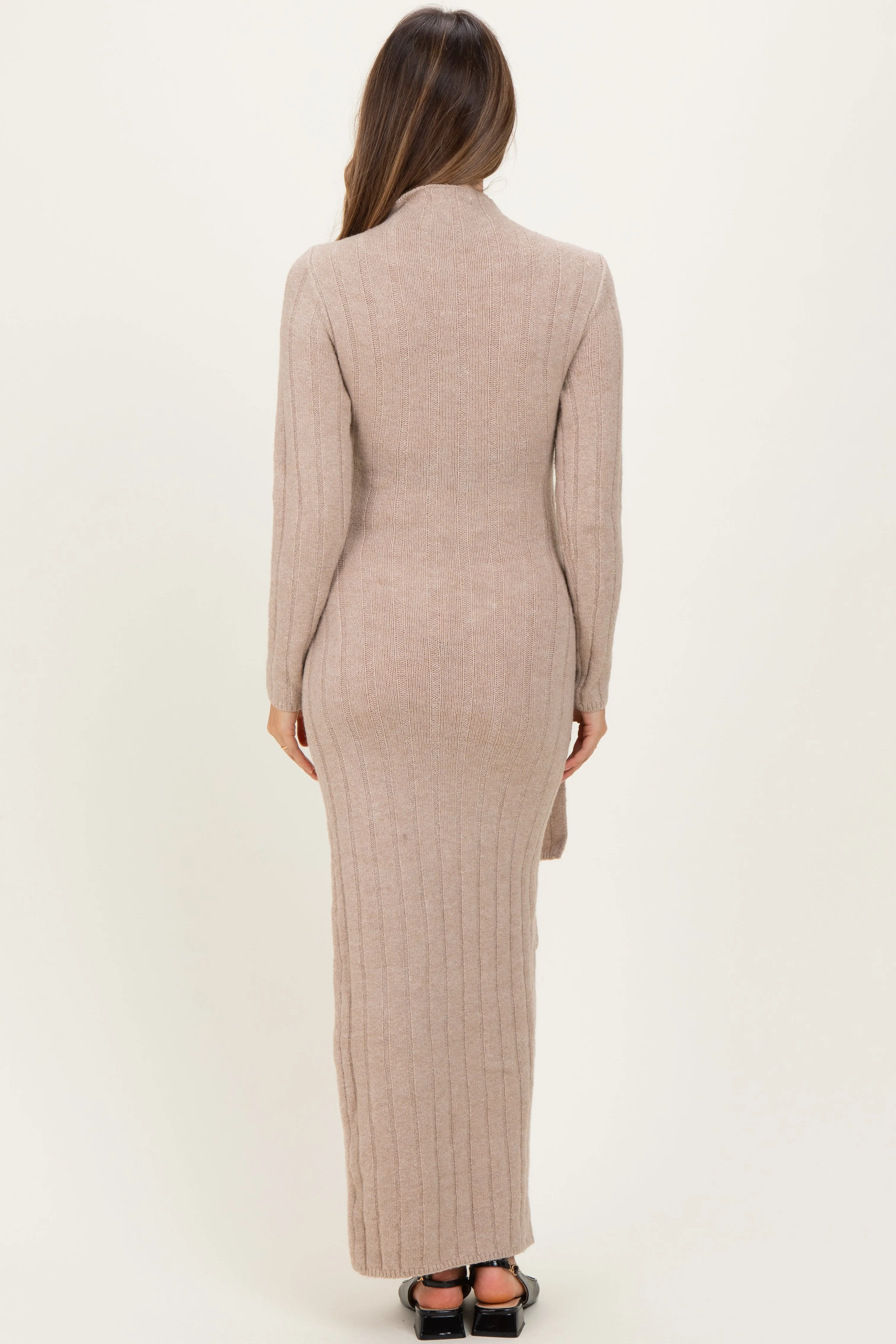 Beige Ribbed Front Tie Maternity Maxi Sweater Dress sold by Pinkblush product image thumbnail 4