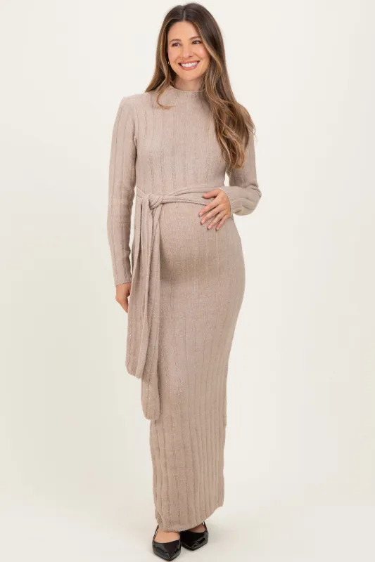 Beige Ribbed Front Tie Maternity Maxi Sweater Dress sold by Pinkblush