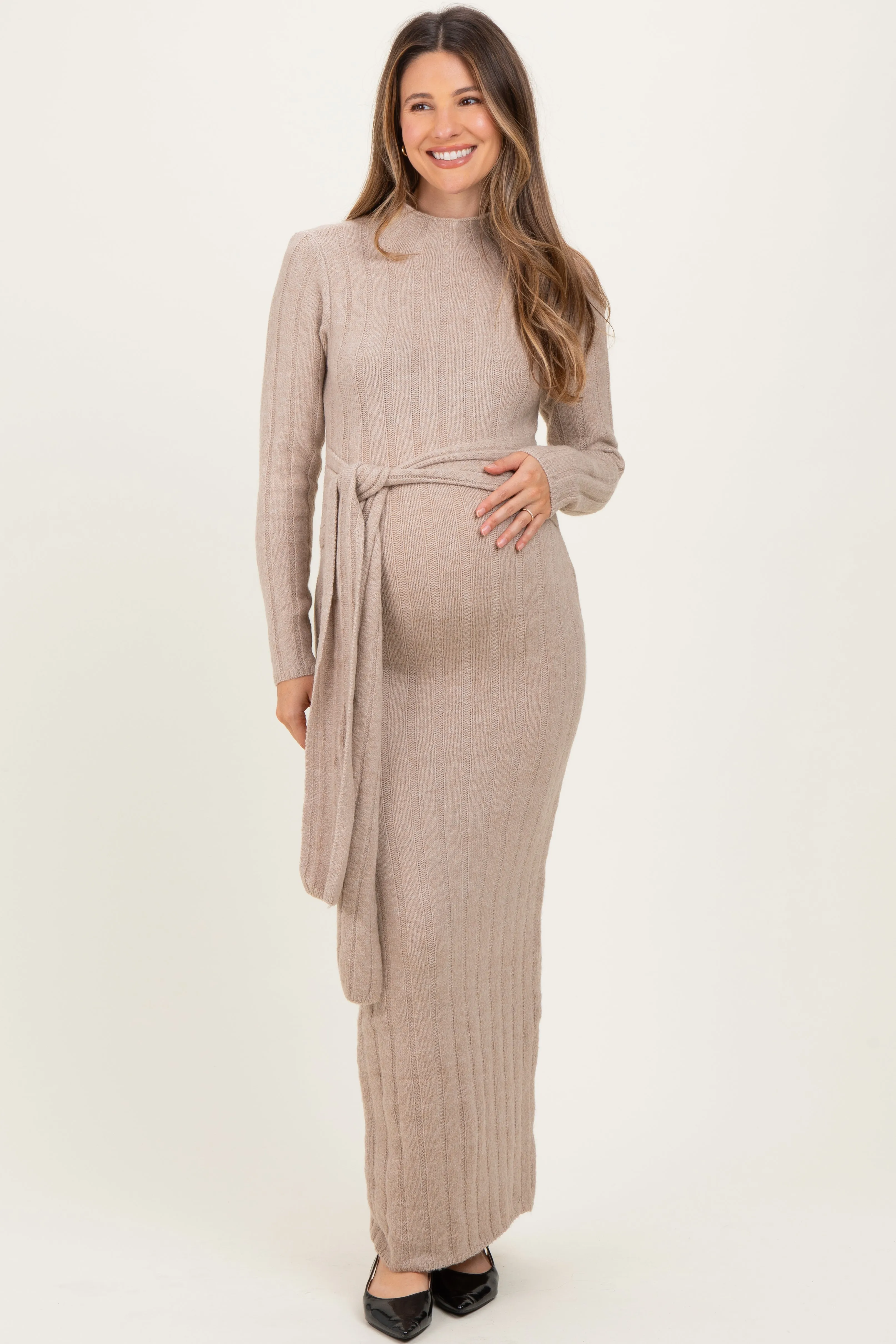 Beige Ribbed Front Tie Maternity Maxi Sweater Dress sold by Pinkblush