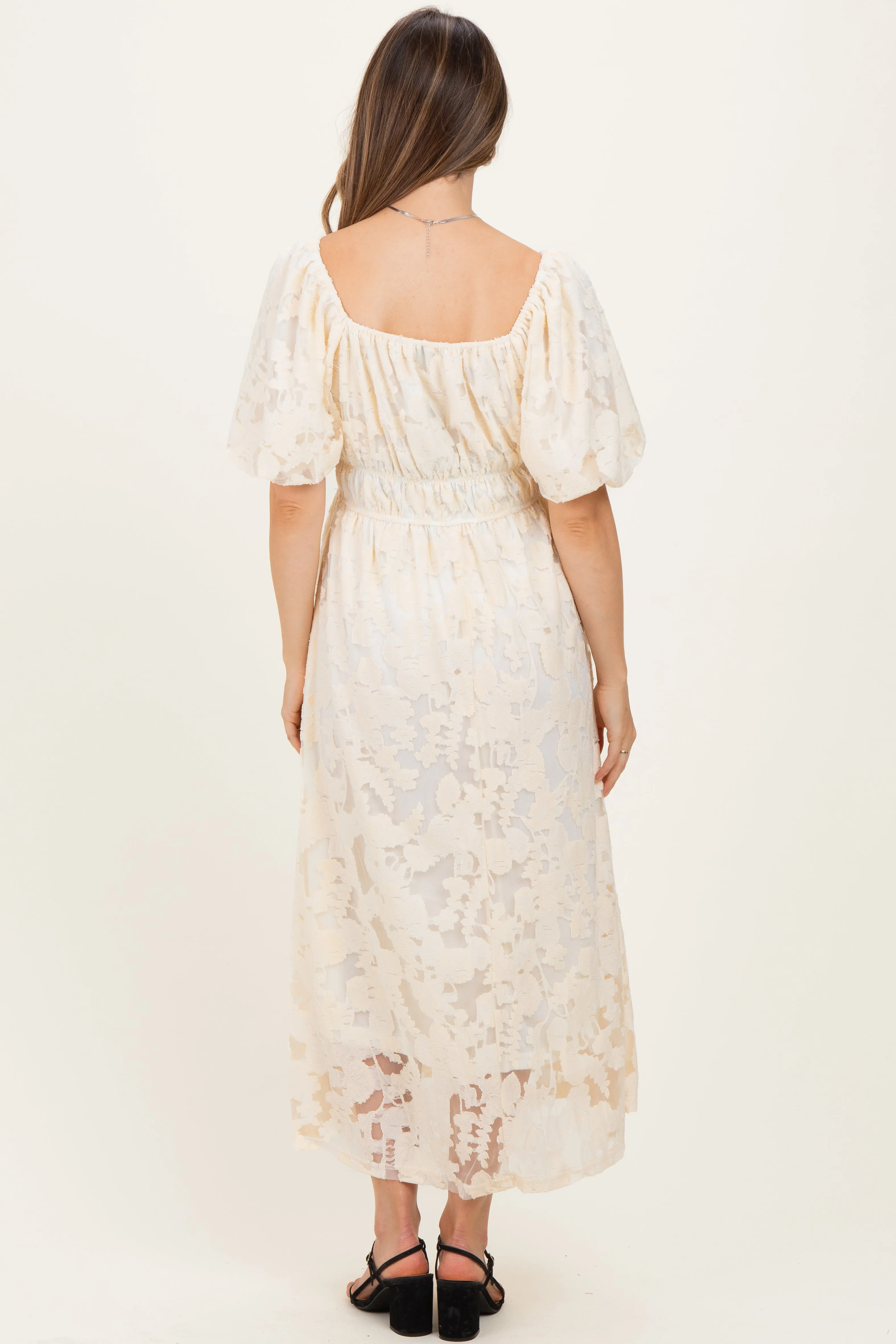 Cream Lace Puff Sleeve Maternity Midi Dress sold by Pinkblush product image thumbnail 3