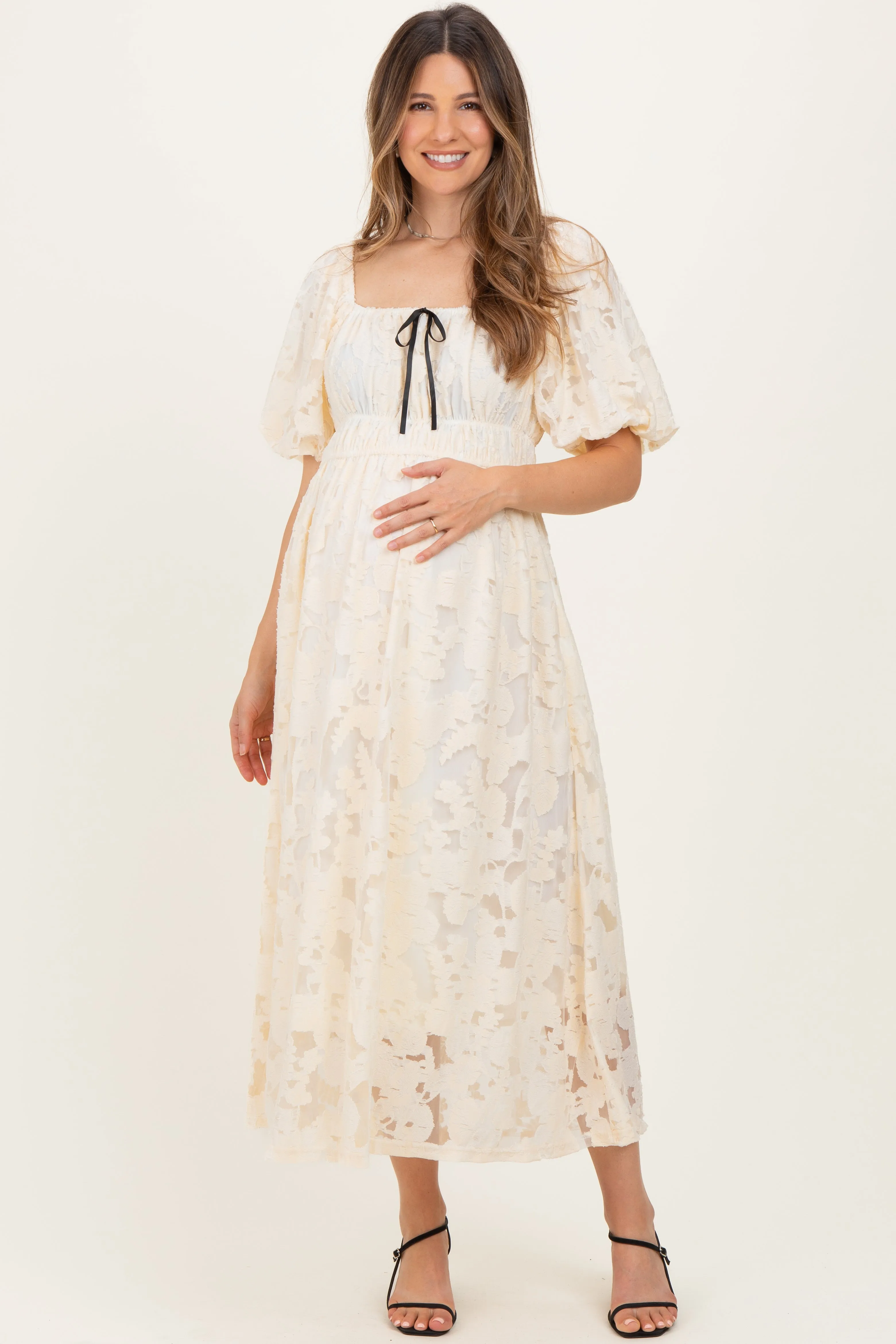 Cream Lace Puff Sleeve Maternity Midi Dress sold by Pinkblush