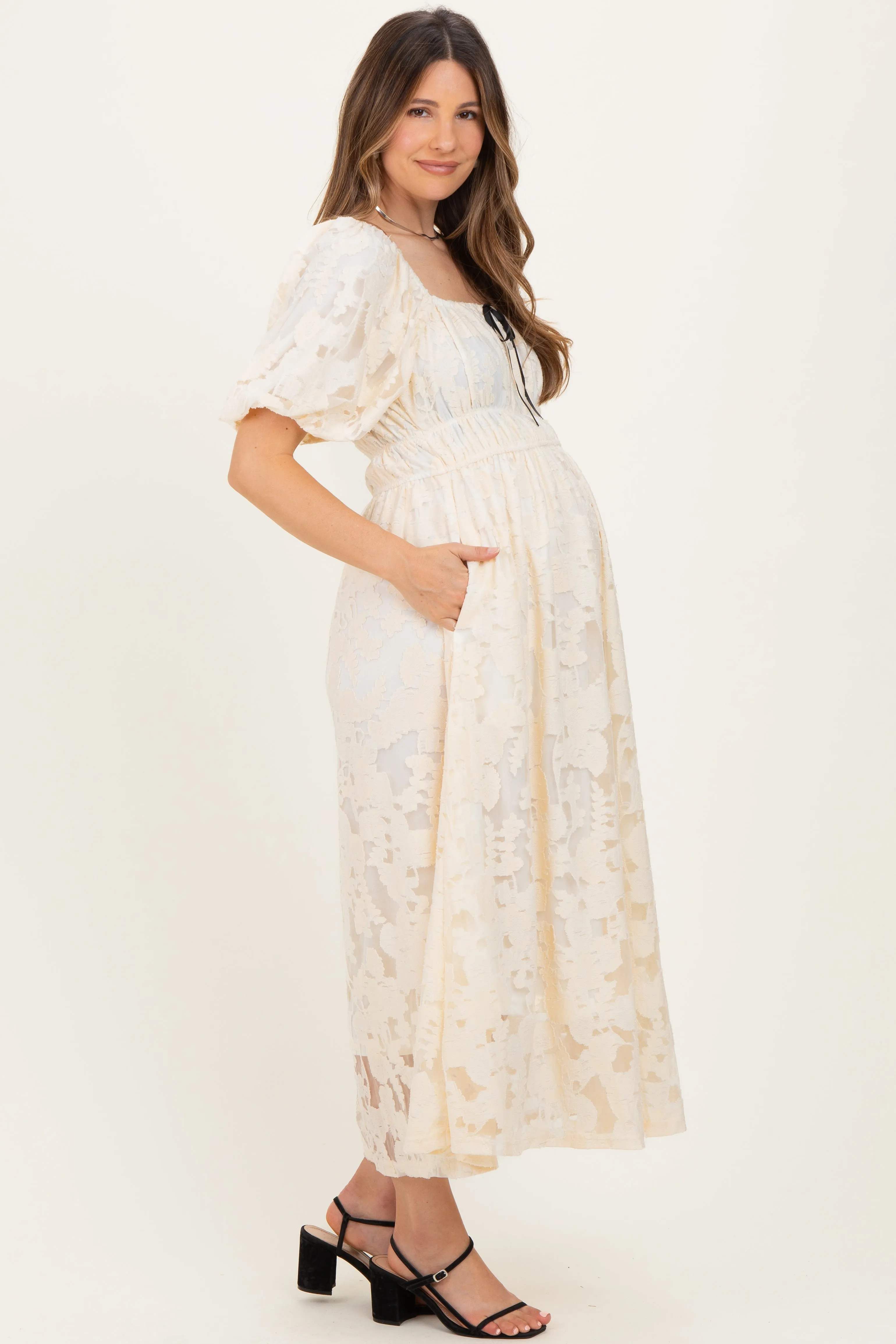 Cream Lace Puff Sleeve Maternity Midi Dress sold by Pinkblush product image thumbnail 2