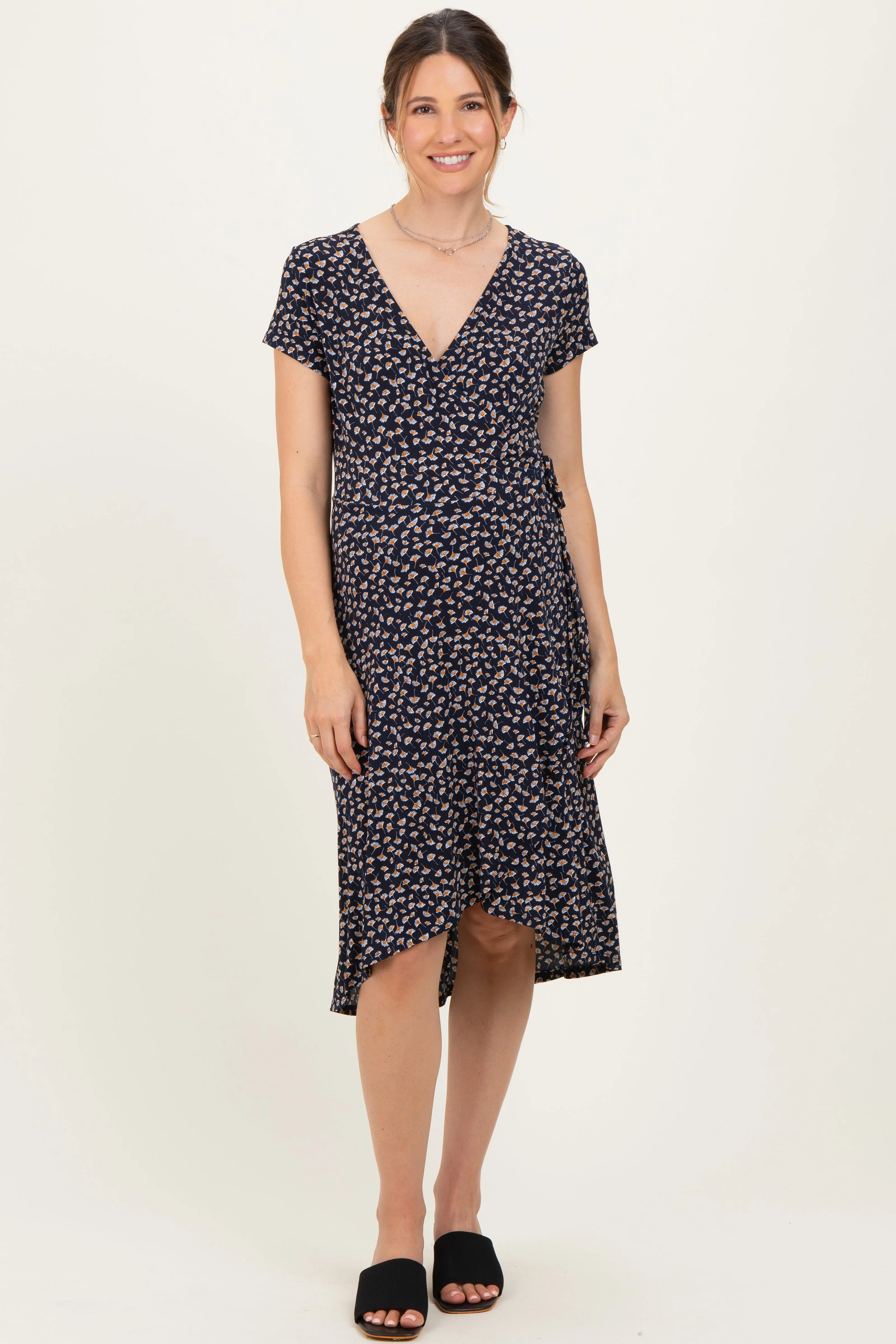 Navy Printed V-Neck Maternity Midi Wrap Dress sold by Pinkblush