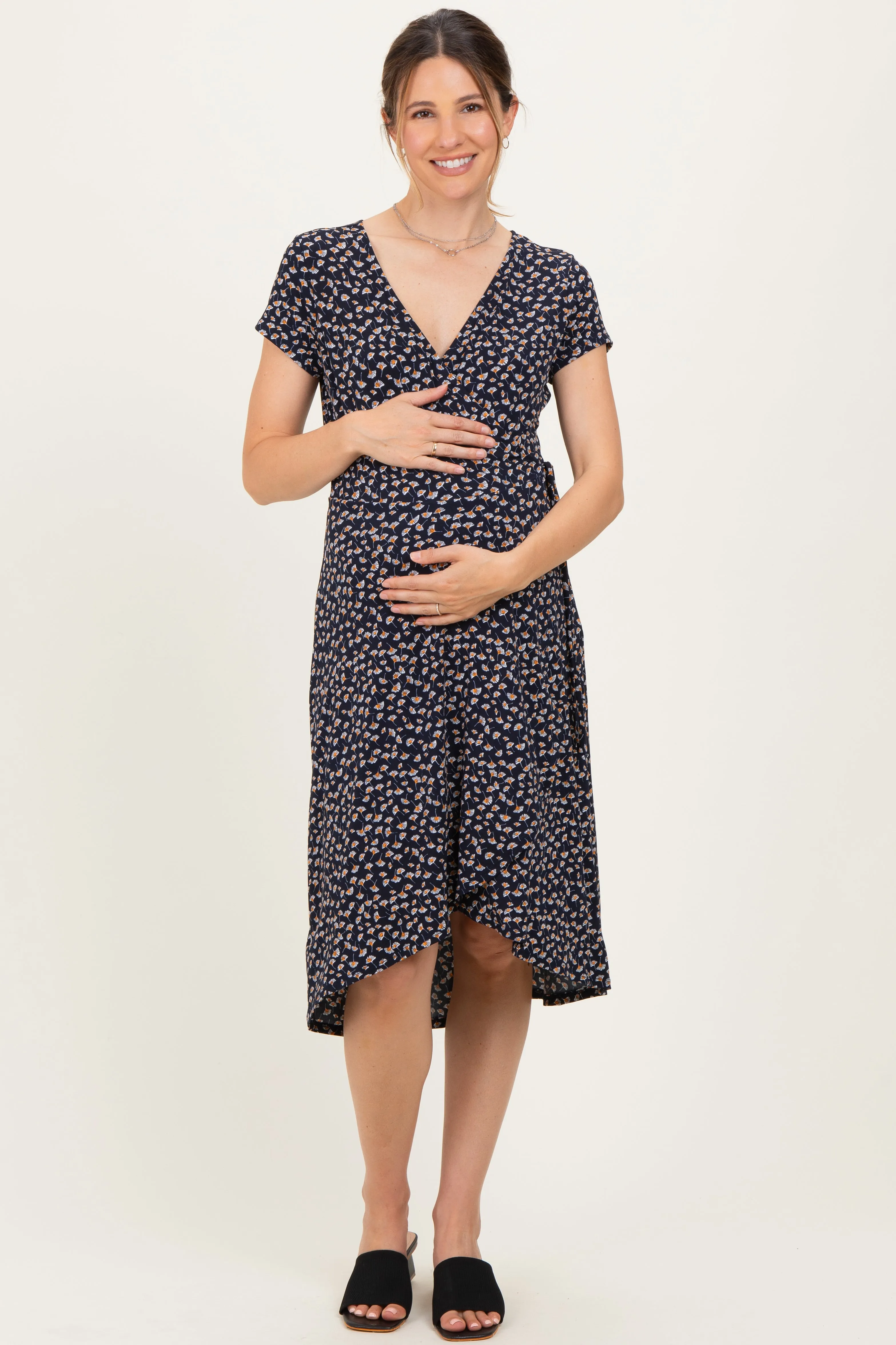 Navy Printed V-Neck Maternity Midi Wrap Dress sold by Pinkblush product image thumbnail 2