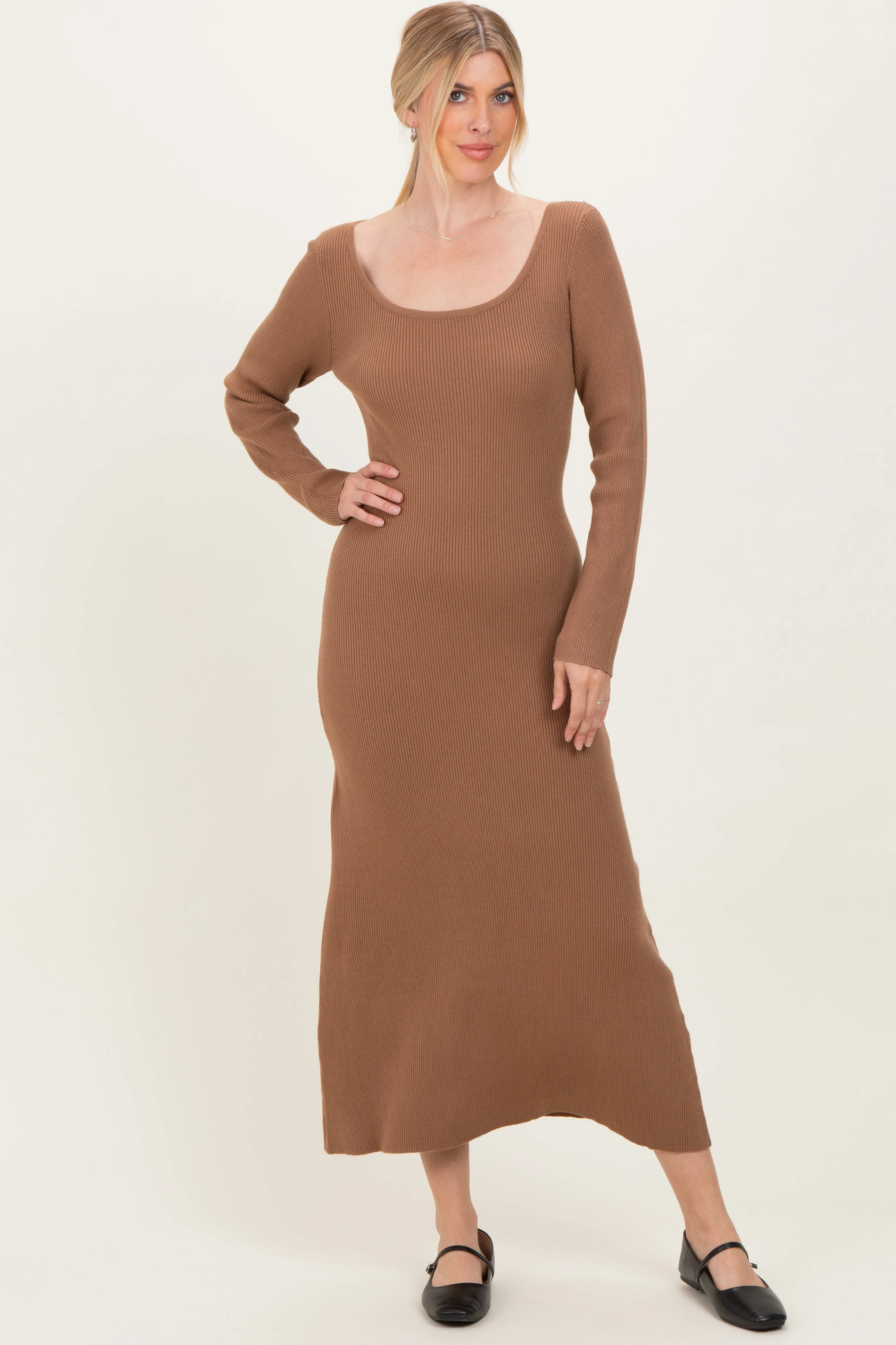 Mocha Rib Knit Back Cutout Maternity Midi Dress sold by Pinkblush product image thumbnail 4