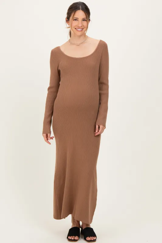 Mocha Rib Knit Back Cutout Maternity Midi Dress sold by Pinkblush