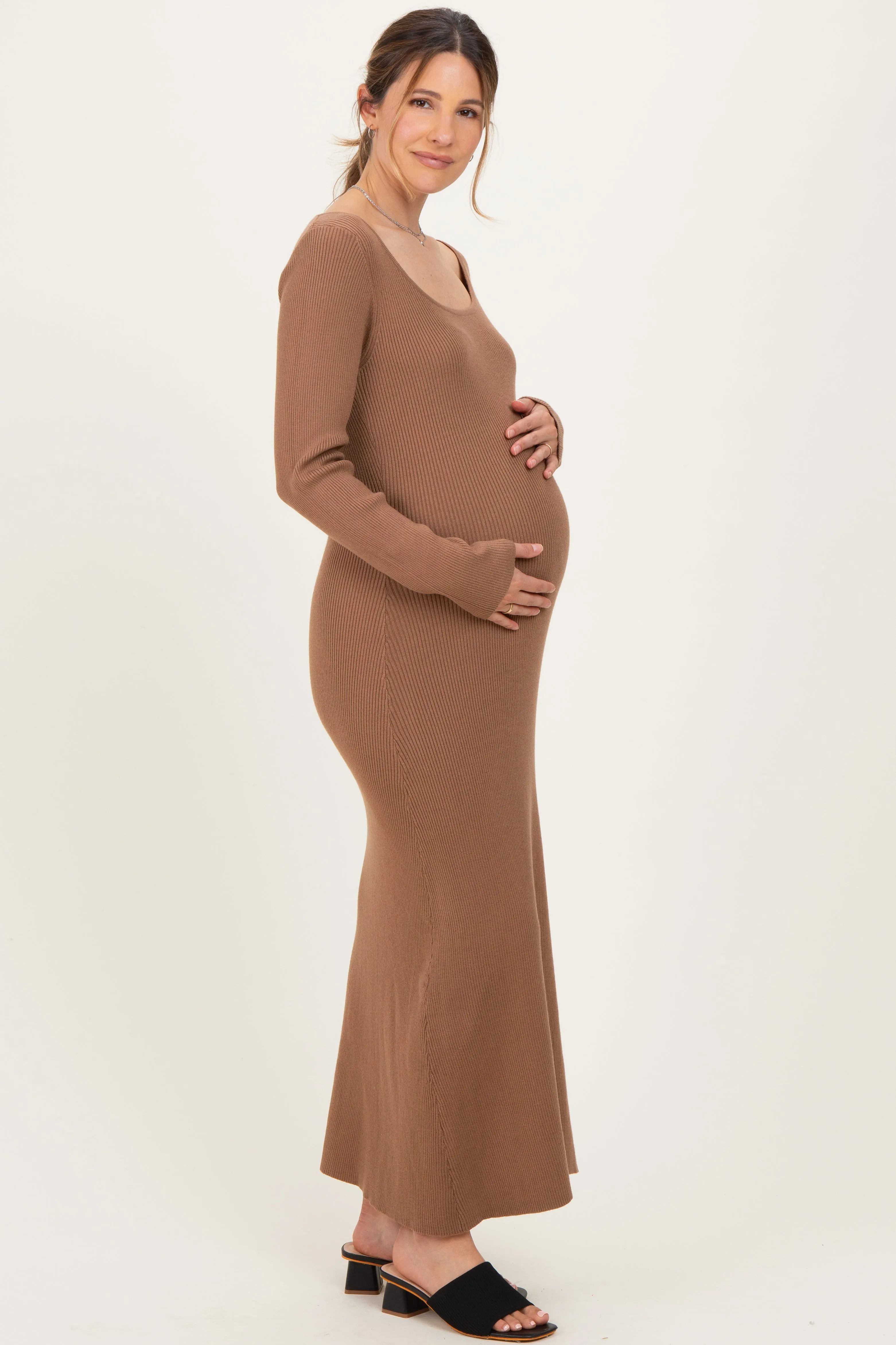 Mocha Rib Knit Back Cutout Maternity Midi Dress sold by Pinkblush product image thumbnail 2