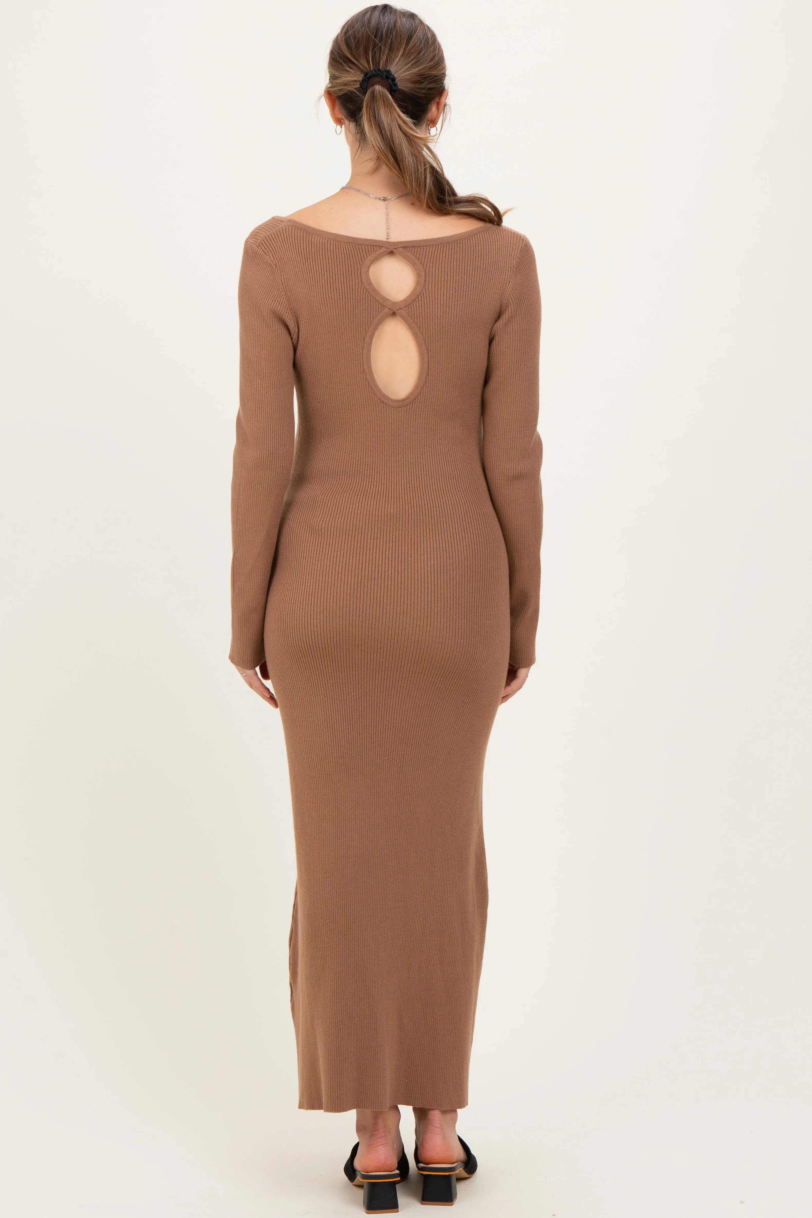 Mocha Rib Knit Back Cutout Maternity Midi Dress sold by Pinkblush product image thumbnail 3