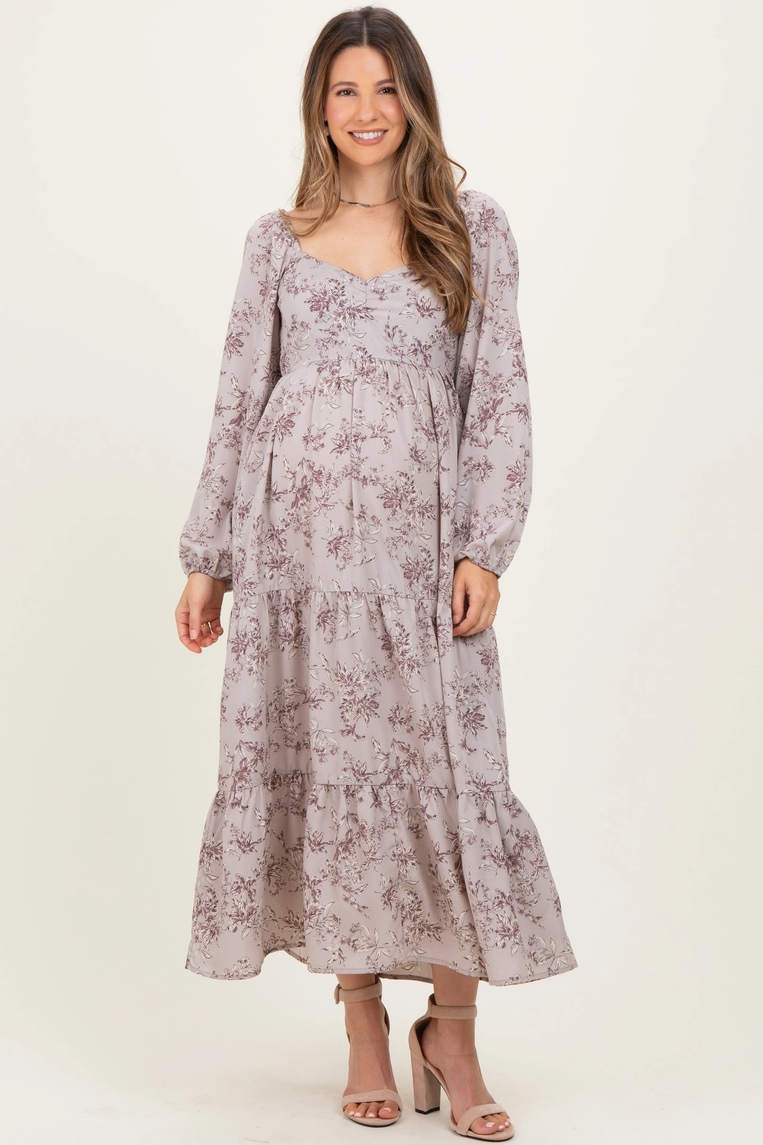 White Grey Antique Floral Neck Maternity Maxi Dress sold by Pinkblush