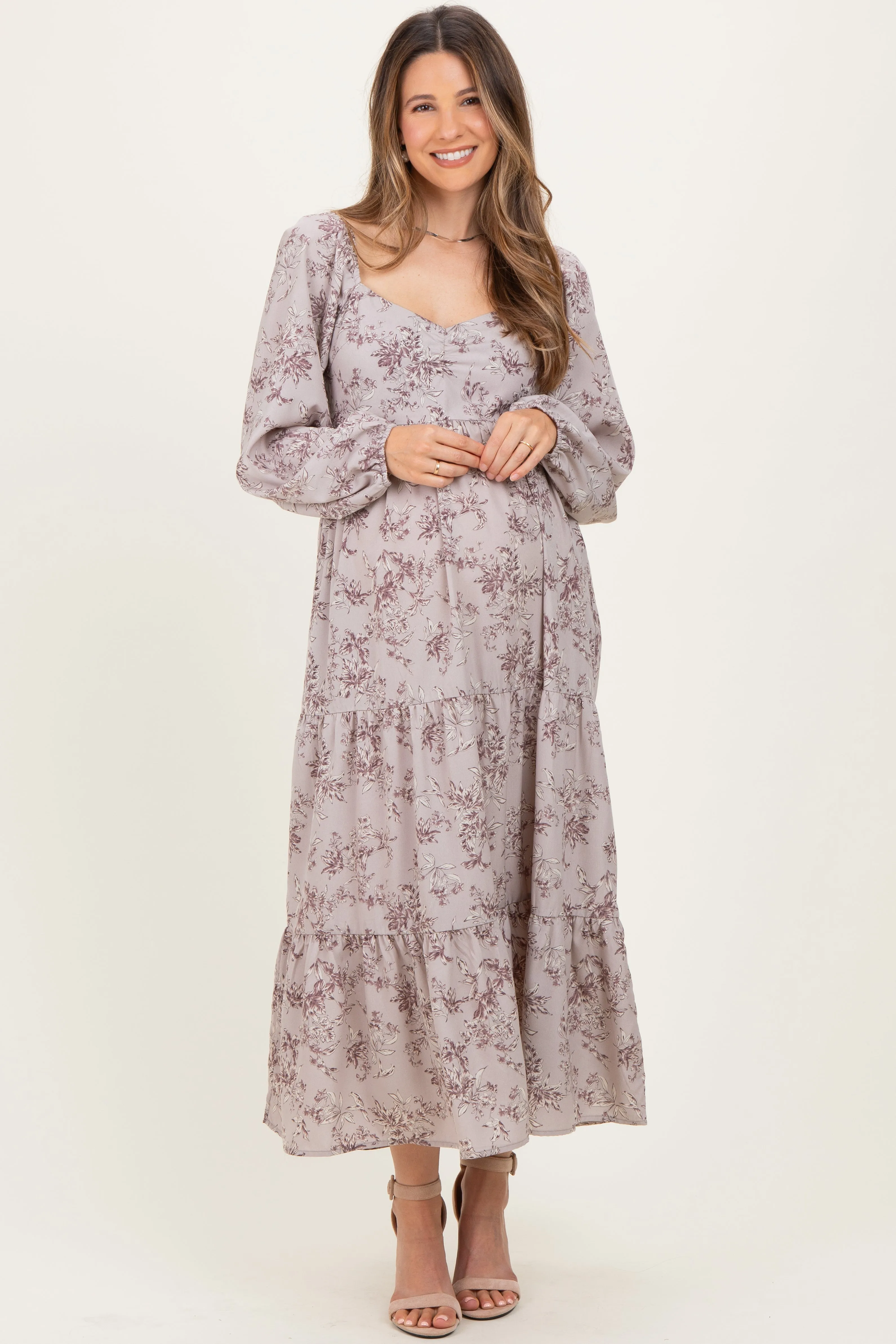White Grey Antique Floral Neck Maternity Maxi Dress sold by Pinkblush product image thumbnail 2