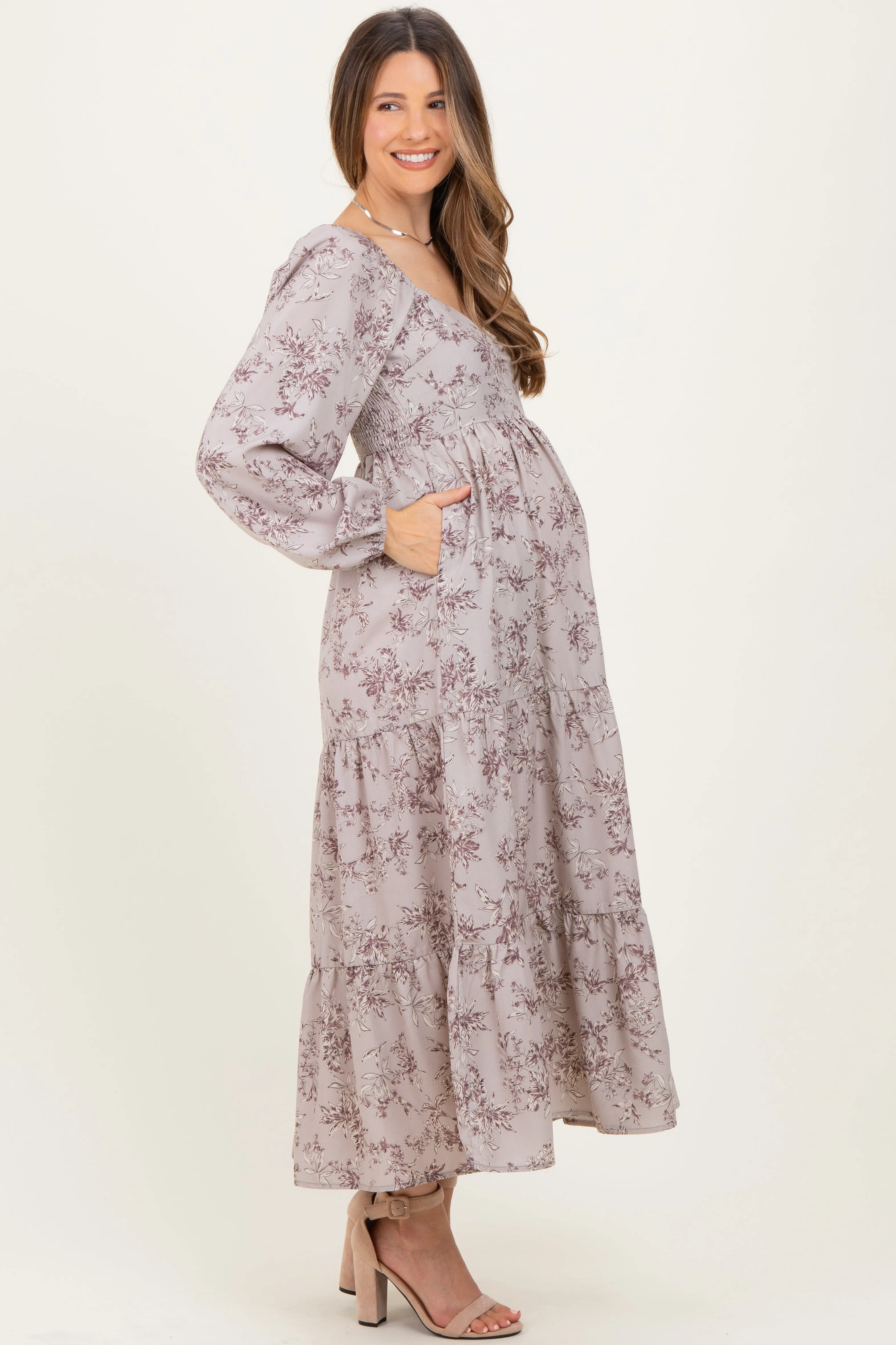 White Grey Antique Floral Neck Maternity Maxi Dress sold by Pinkblush product image thumbnail 3