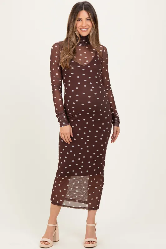 Mocha Polka Dot Mesh Overlay Maternity Midi Dress sold by Pinkblush
