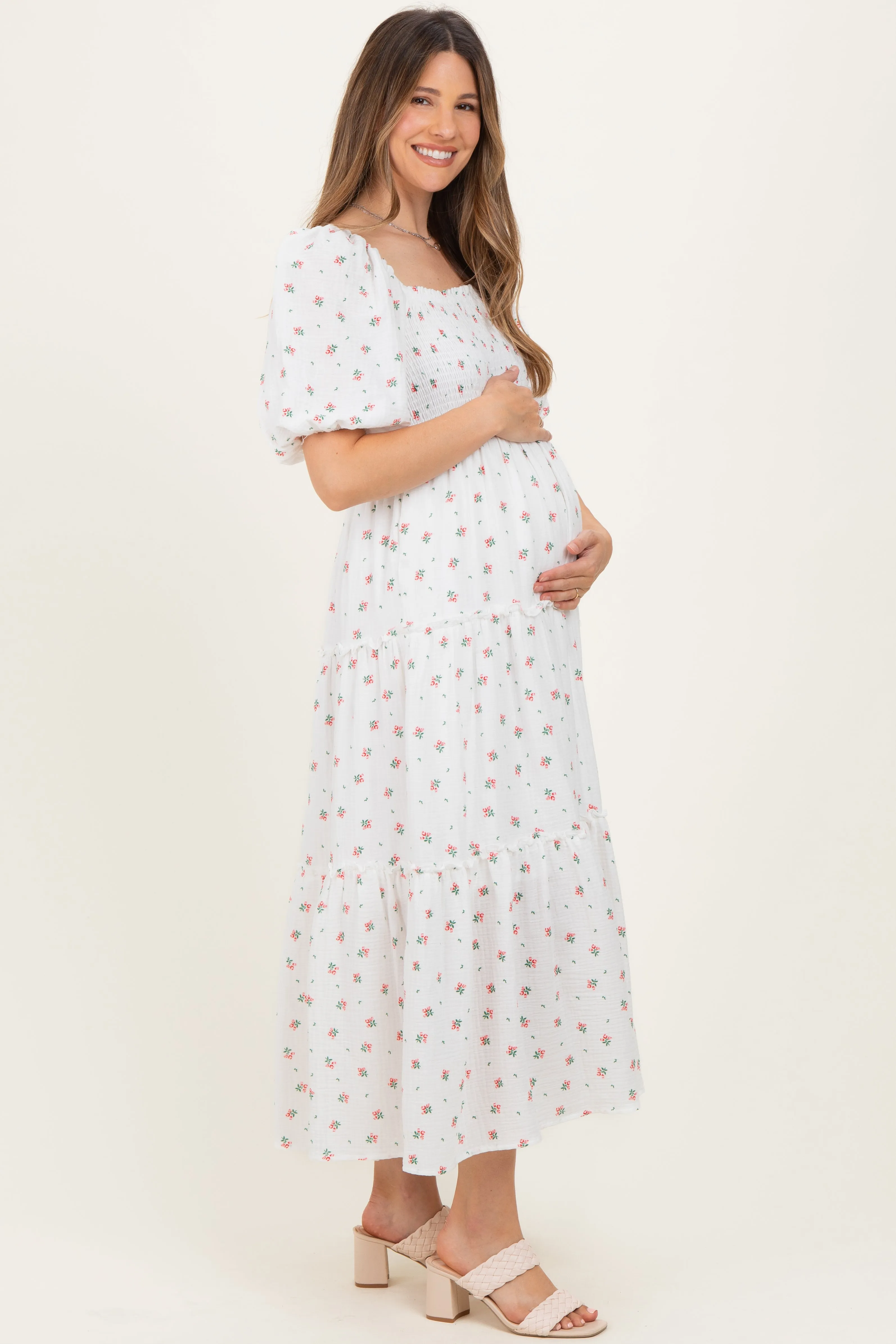 White Floral Puff Sleeve Tiered Maternity Maxi Dress sold by Pinkblush product image thumbnail 2