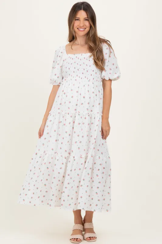 White Floral Puff Sleeve Tiered Maternity Maxi Dress sold by Pinkblush