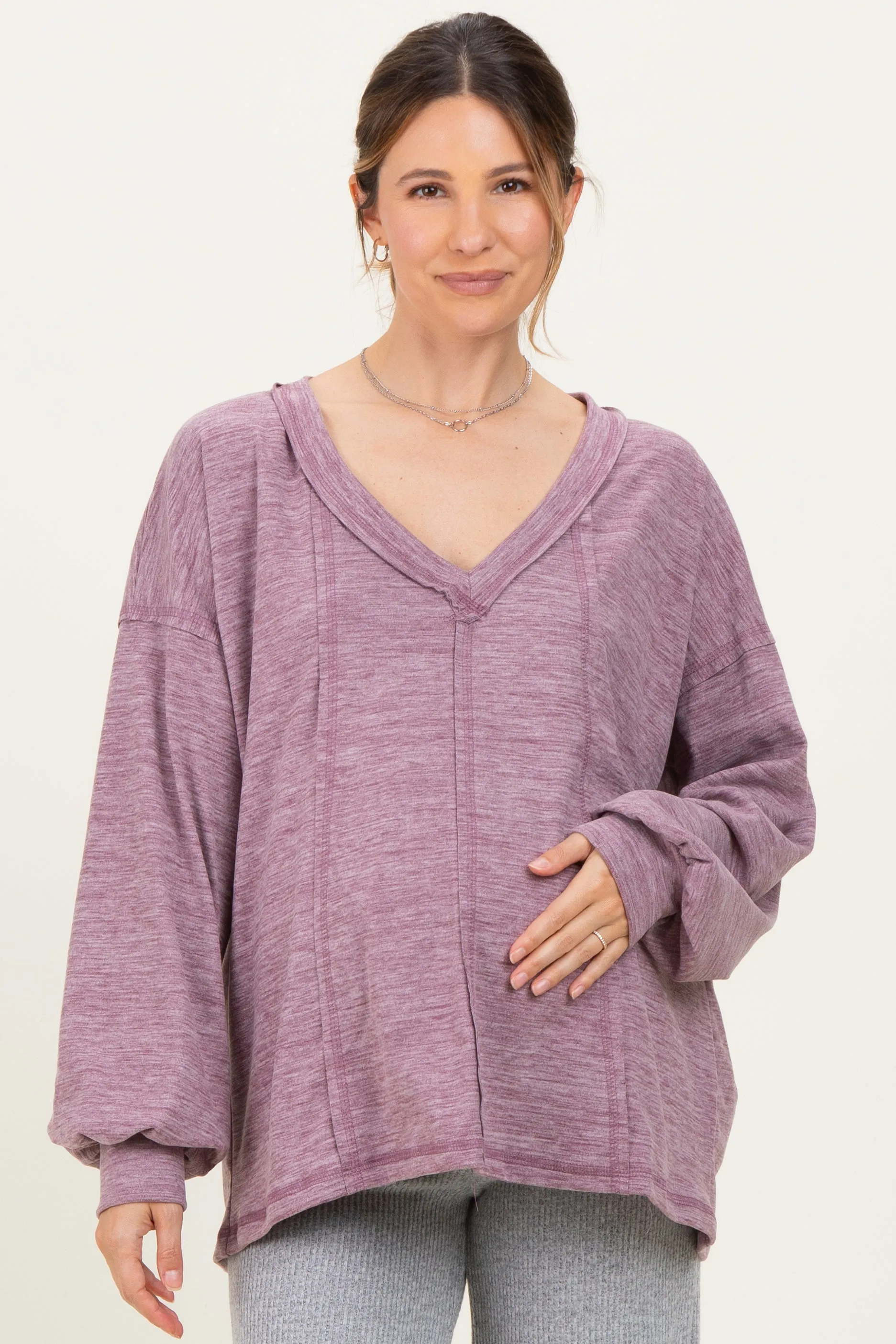 Plum Brushed Long Sleeve V-Neck Maternity Sweatshirt sold by Pinkblush product image thumbnail 2