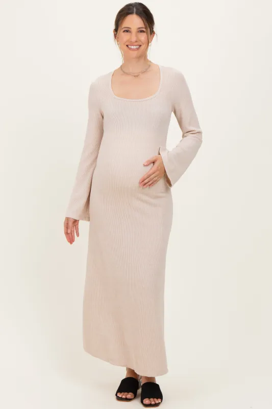 Cream Solid Ribbed Long Sleeve Square Neck Maternity Maxi Dress sold by Pinkblush