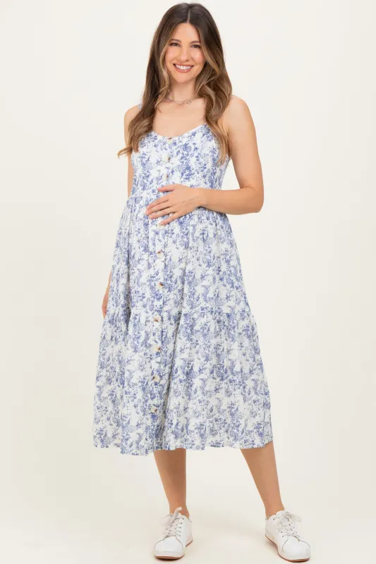 Blue Floral Button Down Tiered Maternity Dress sold by Pinkblush
