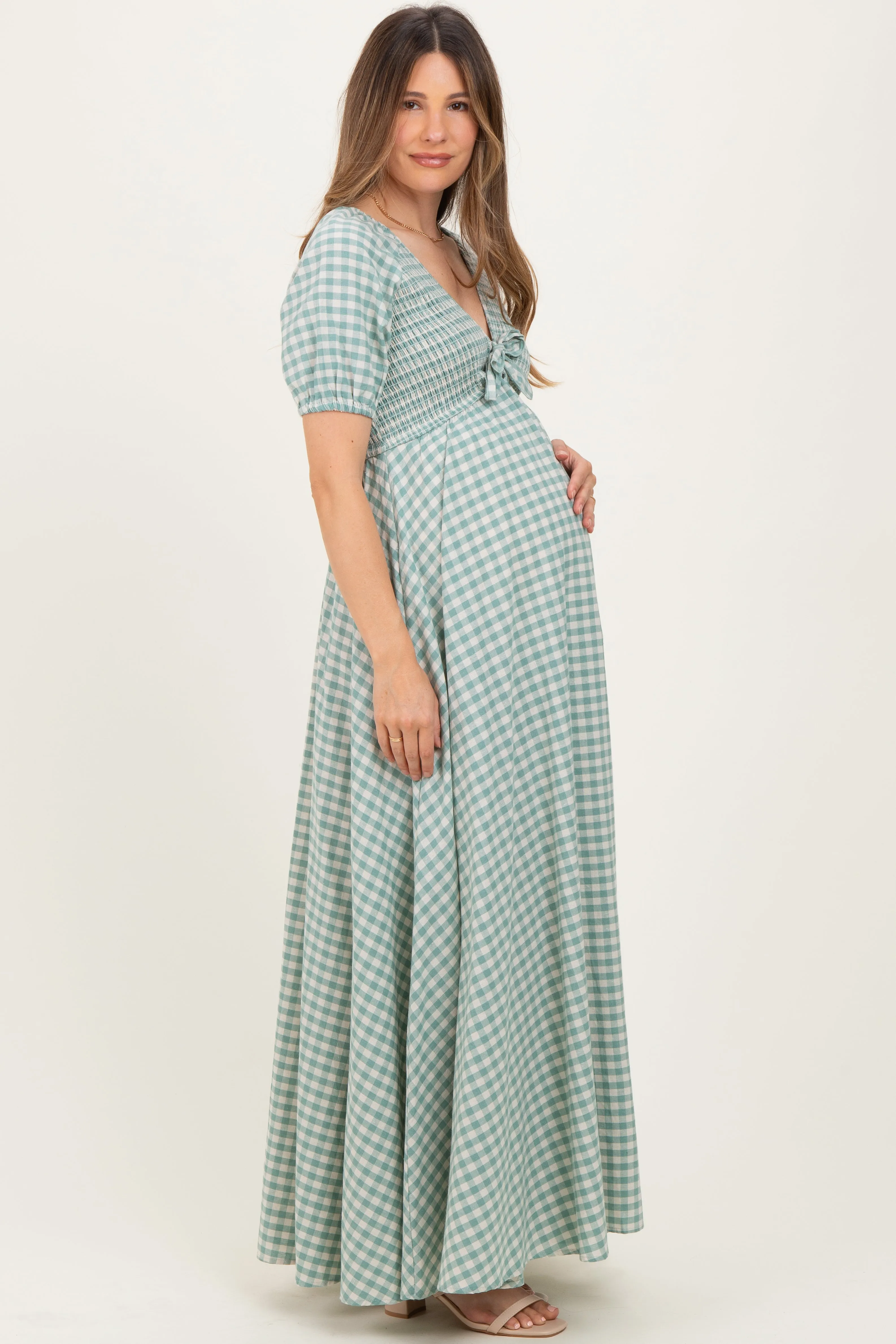 Mint Smocked Gingham Maternity Maxi Dress sold by Pinkblush product image thumbnail 3