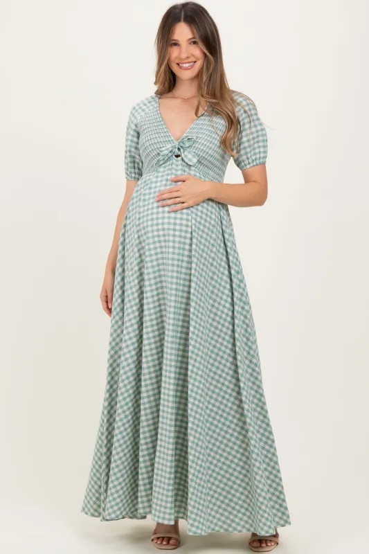Mint Smocked Gingham Maternity Maxi Dress sold by Pinkblush