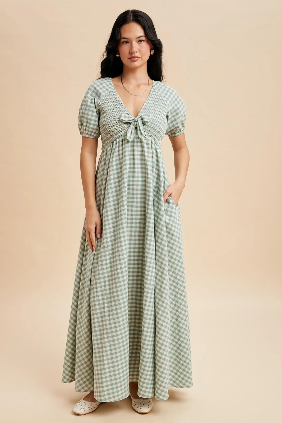 Mint Smocked Gingham Maternity Maxi Dress sold by Pinkblush product image thumbnail 5