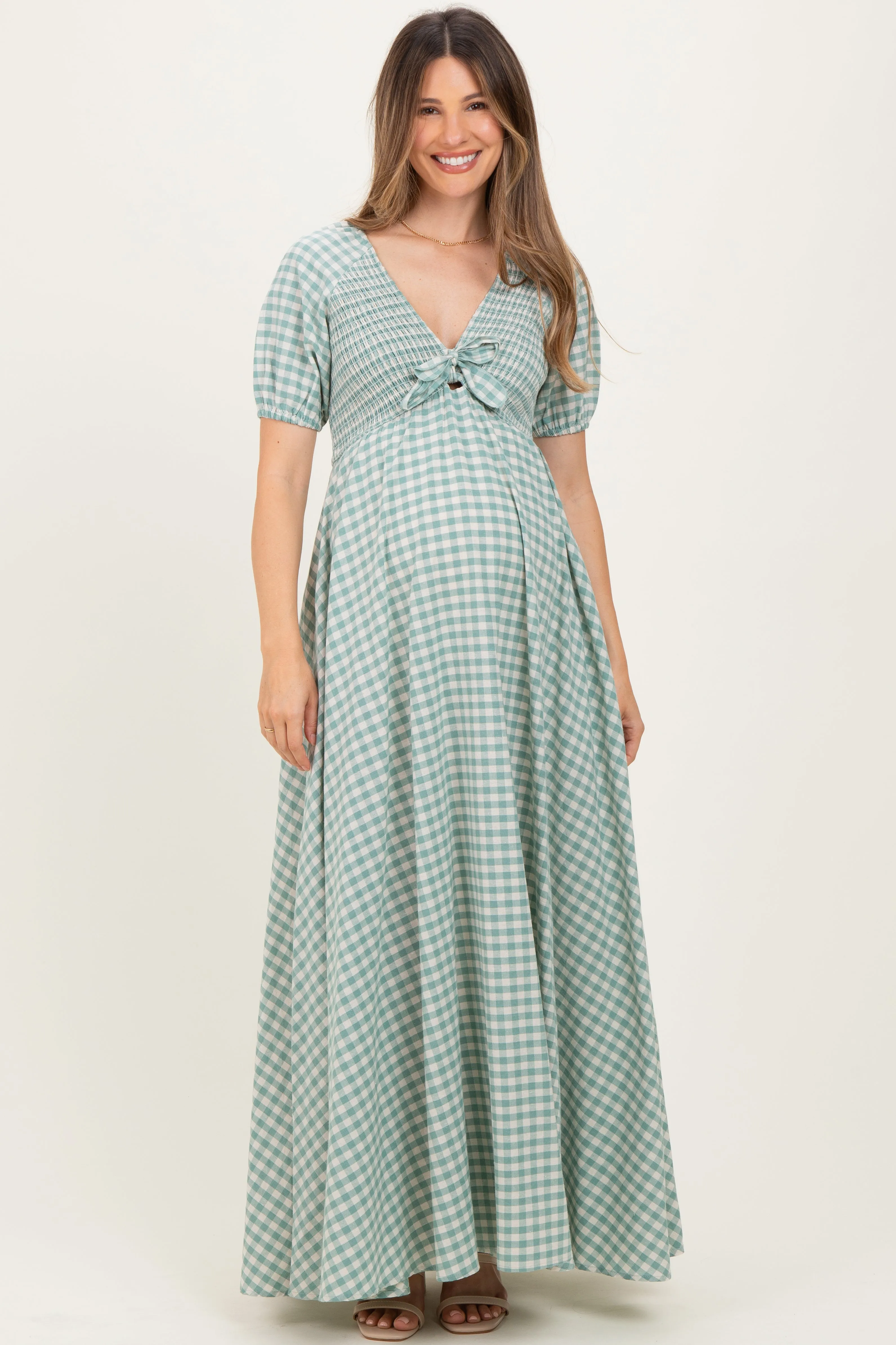 Mint Smocked Gingham Maternity Maxi Dress sold by Pinkblush product image thumbnail 2