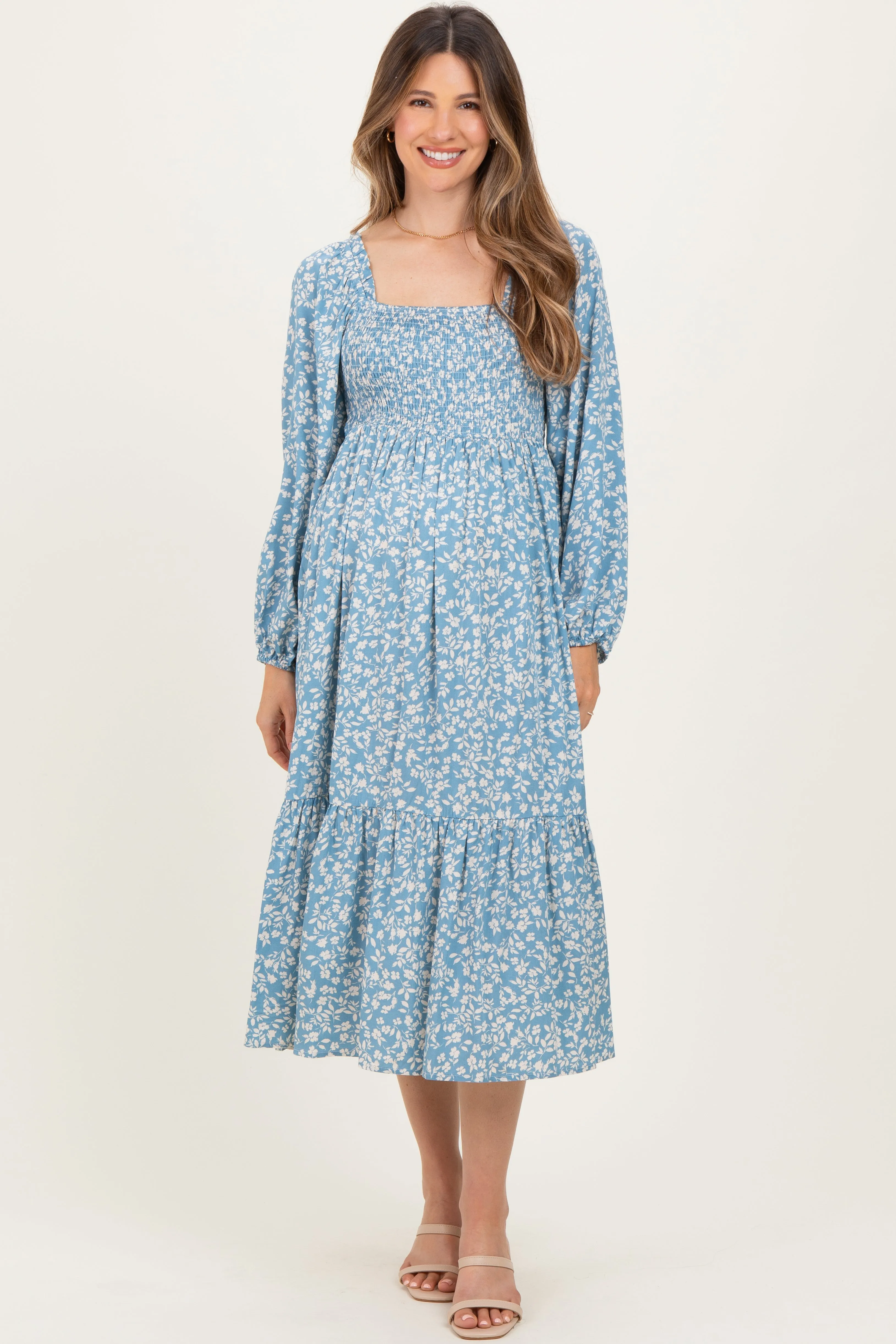 Dusty Blue Floral Square Neck Maternity Maxi Dress sold by Pinkblush