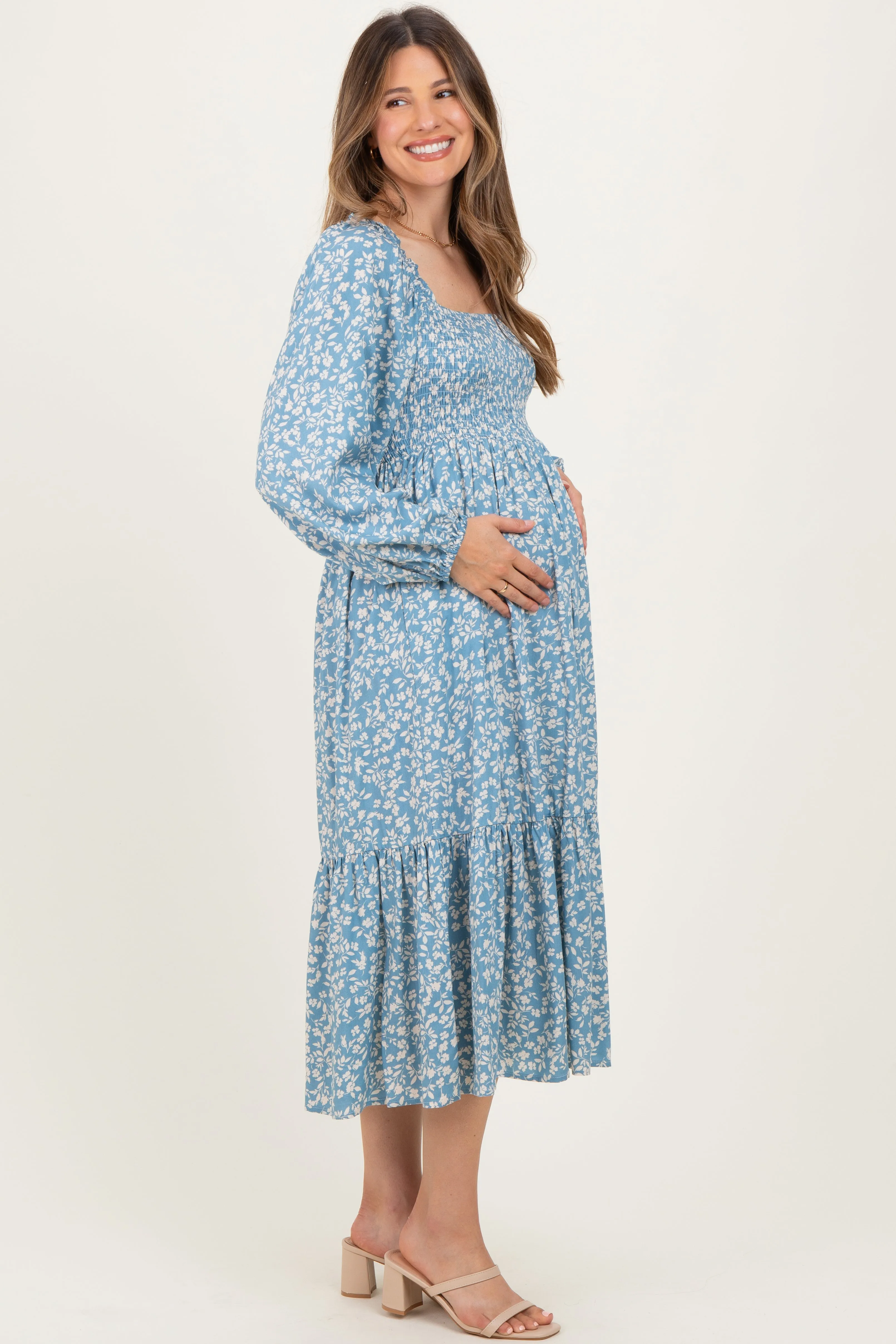 Dusty Blue Floral Square Neck Maternity Maxi Dress sold by Pinkblush product image thumbnail 2