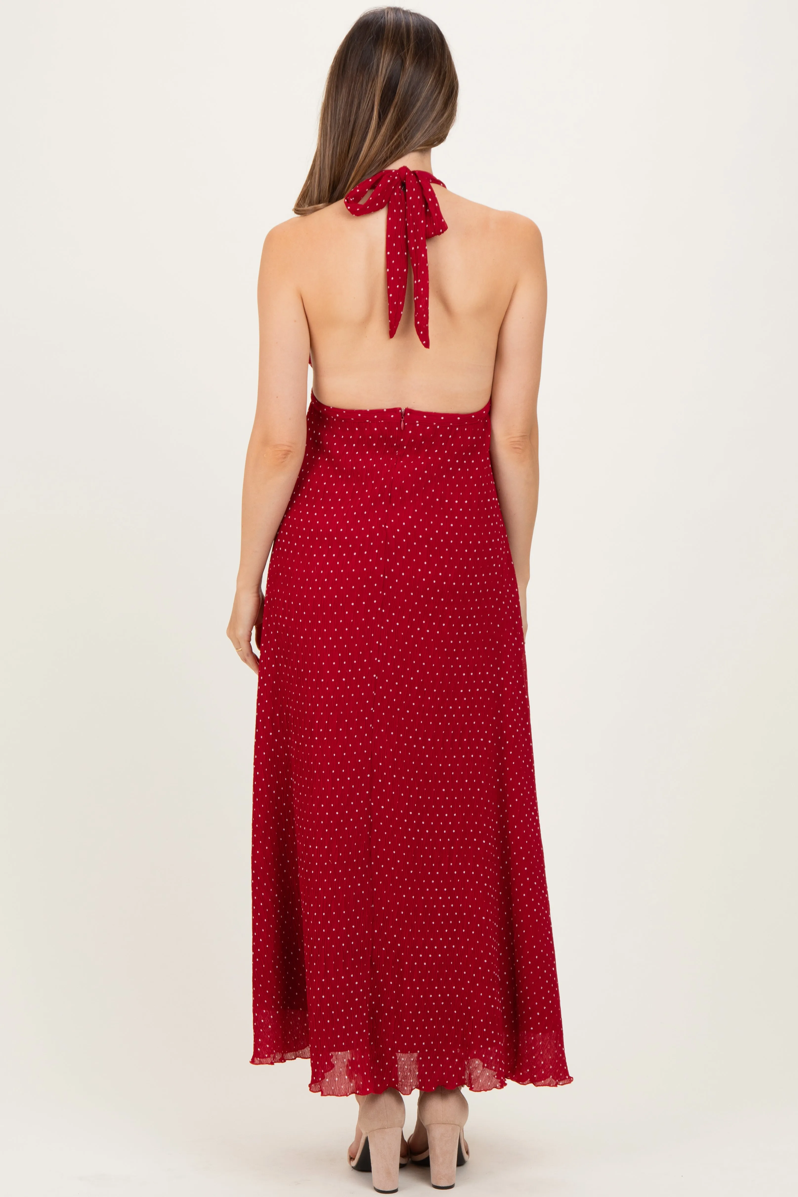 Red Polka Dot Halter Tie Open Back Maternity Maxi Dress sold by Pinkblush product image thumbnail 3