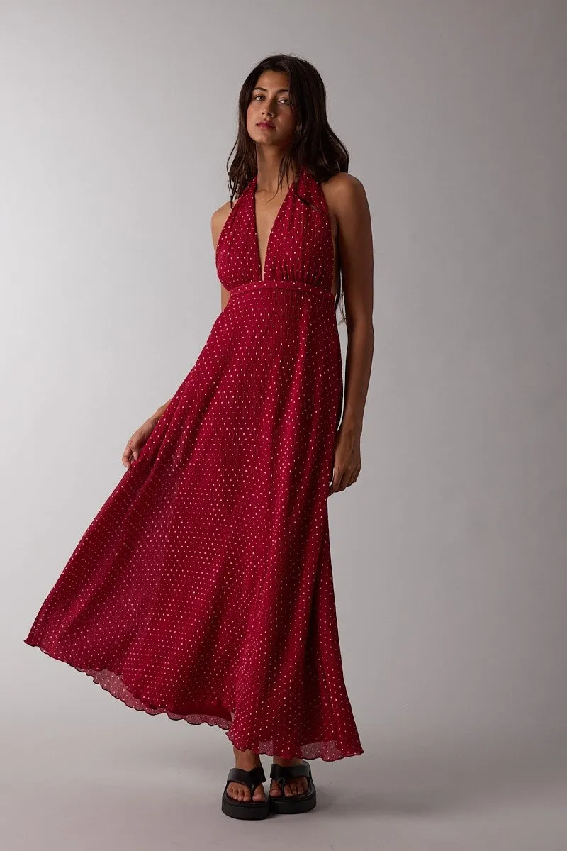 Red Polka Dot Halter Tie Open Back Maternity Maxi Dress sold by Pinkblush product image thumbnail 4