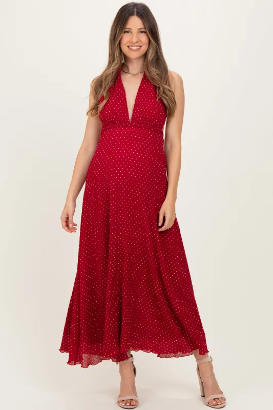 Red Polka Dot Halter Tie Open Back Maternity Maxi Dress sold by Pinkblush
