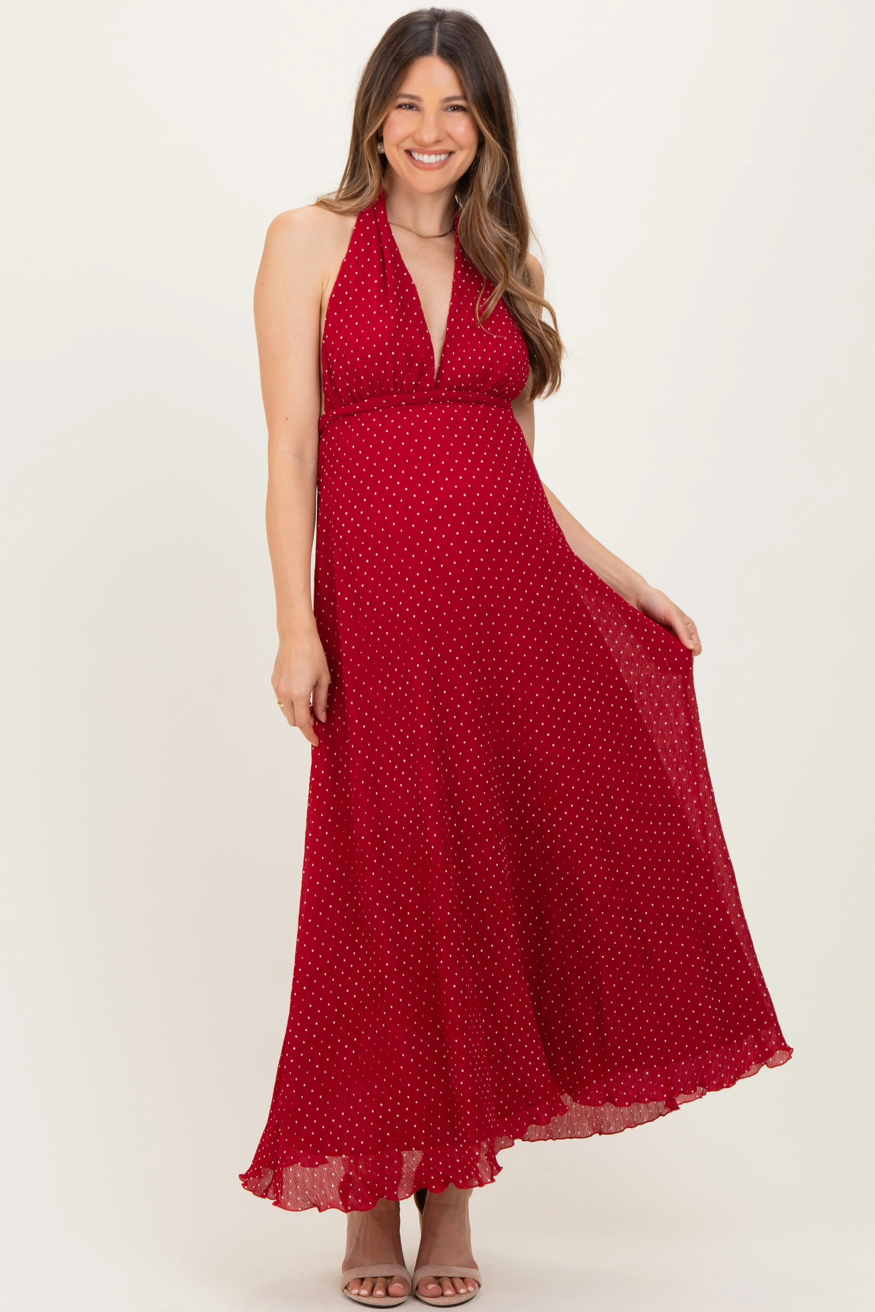 Red Polka Dot Halter Tie Open Back Maternity Maxi Dress sold by Pinkblush product image thumbnail 2