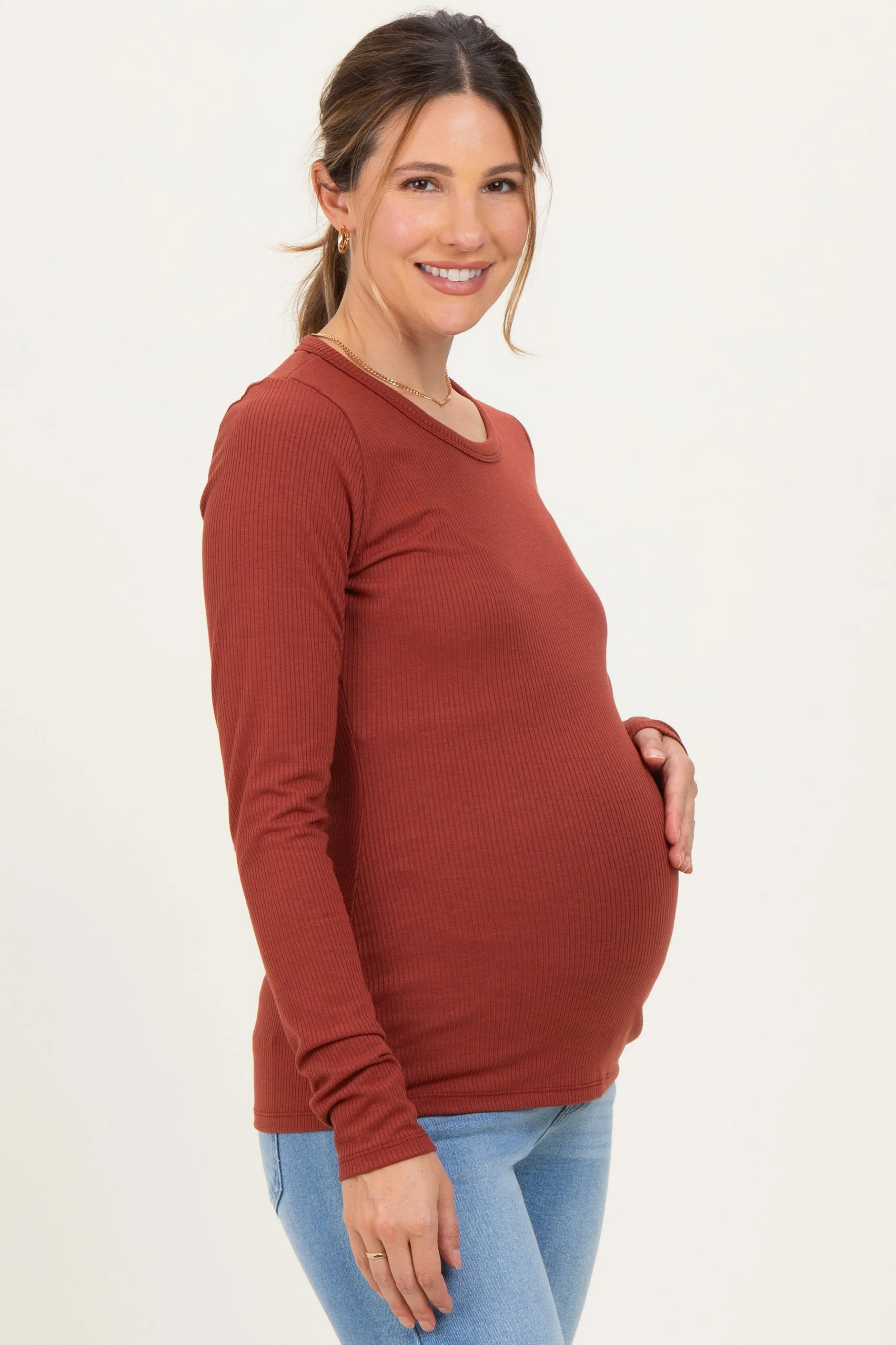 Rust Solid Ribbed Long Sleeve Round Neck Maternity Tunic Top sold by Pinkblush product image thumbnail 3