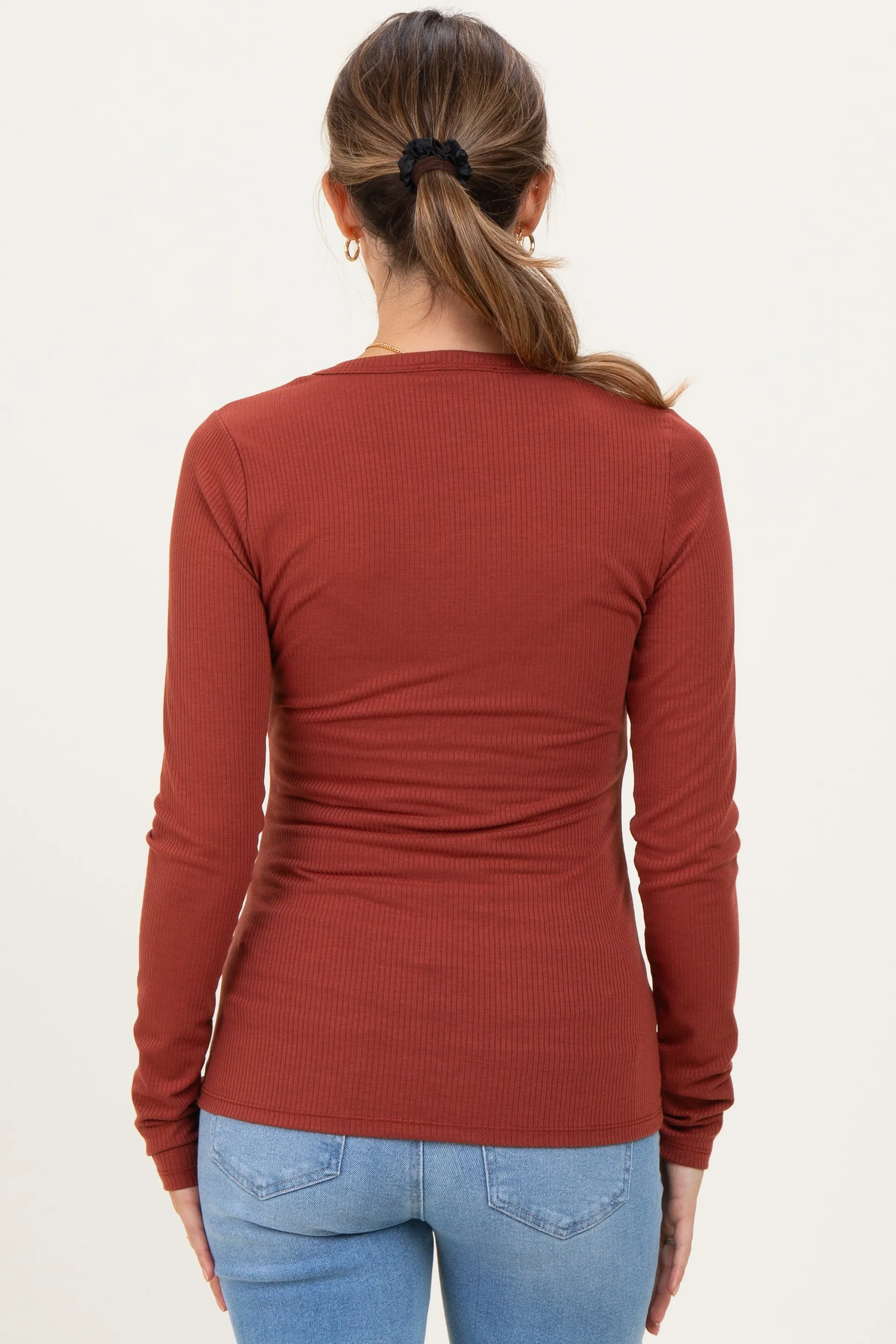 Rust Solid Ribbed Long Sleeve Round Neck Maternity Tunic Top sold by Pinkblush product image thumbnail 4