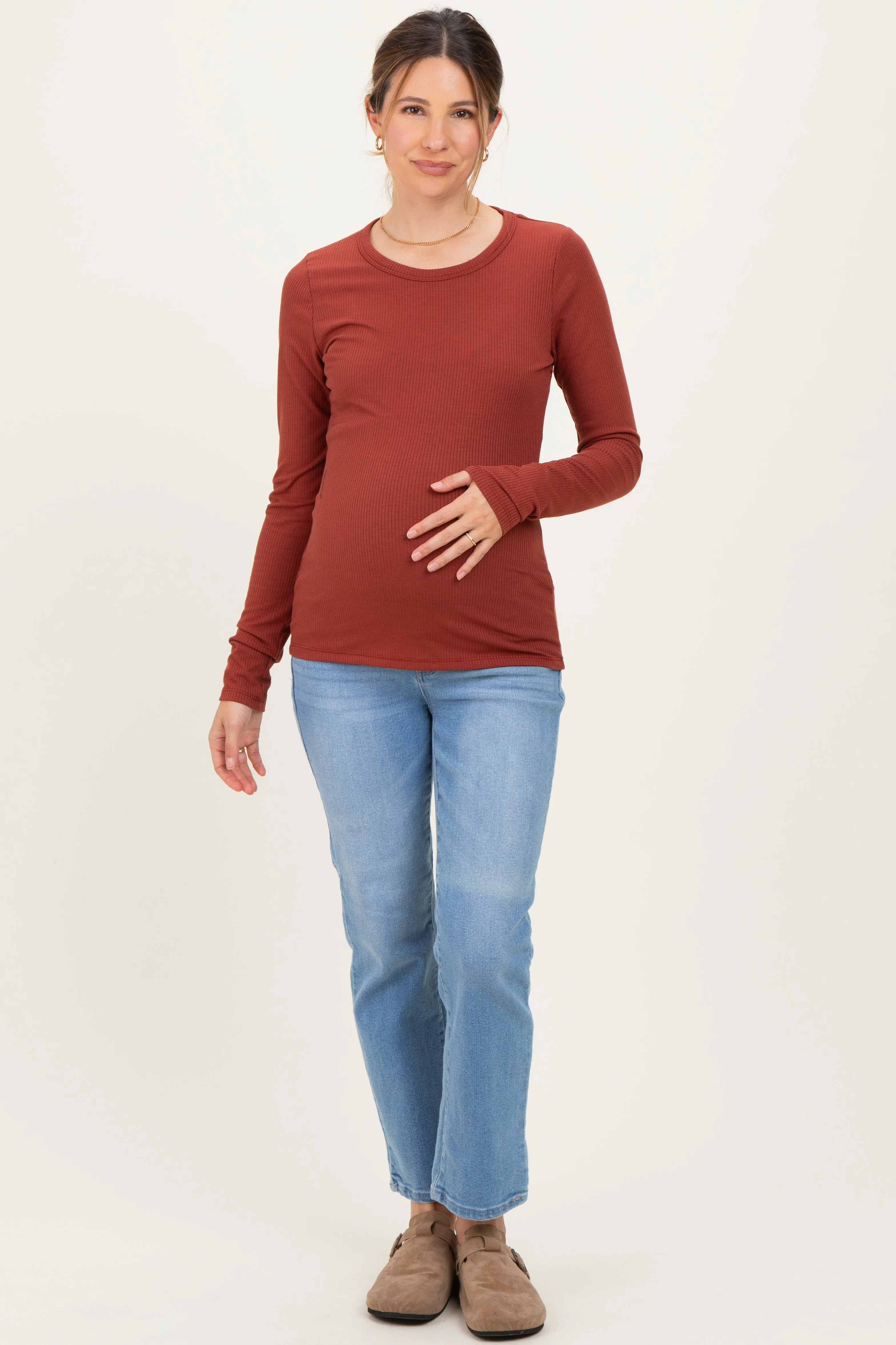 Rust Solid Ribbed Long Sleeve Round Neck Maternity Tunic Top sold by Pinkblush product image thumbnail 2