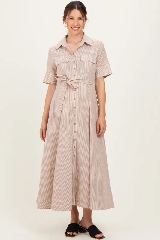 Beige Striped Cotton Button Down Maternity Maxi Dress sold by Pinkblush