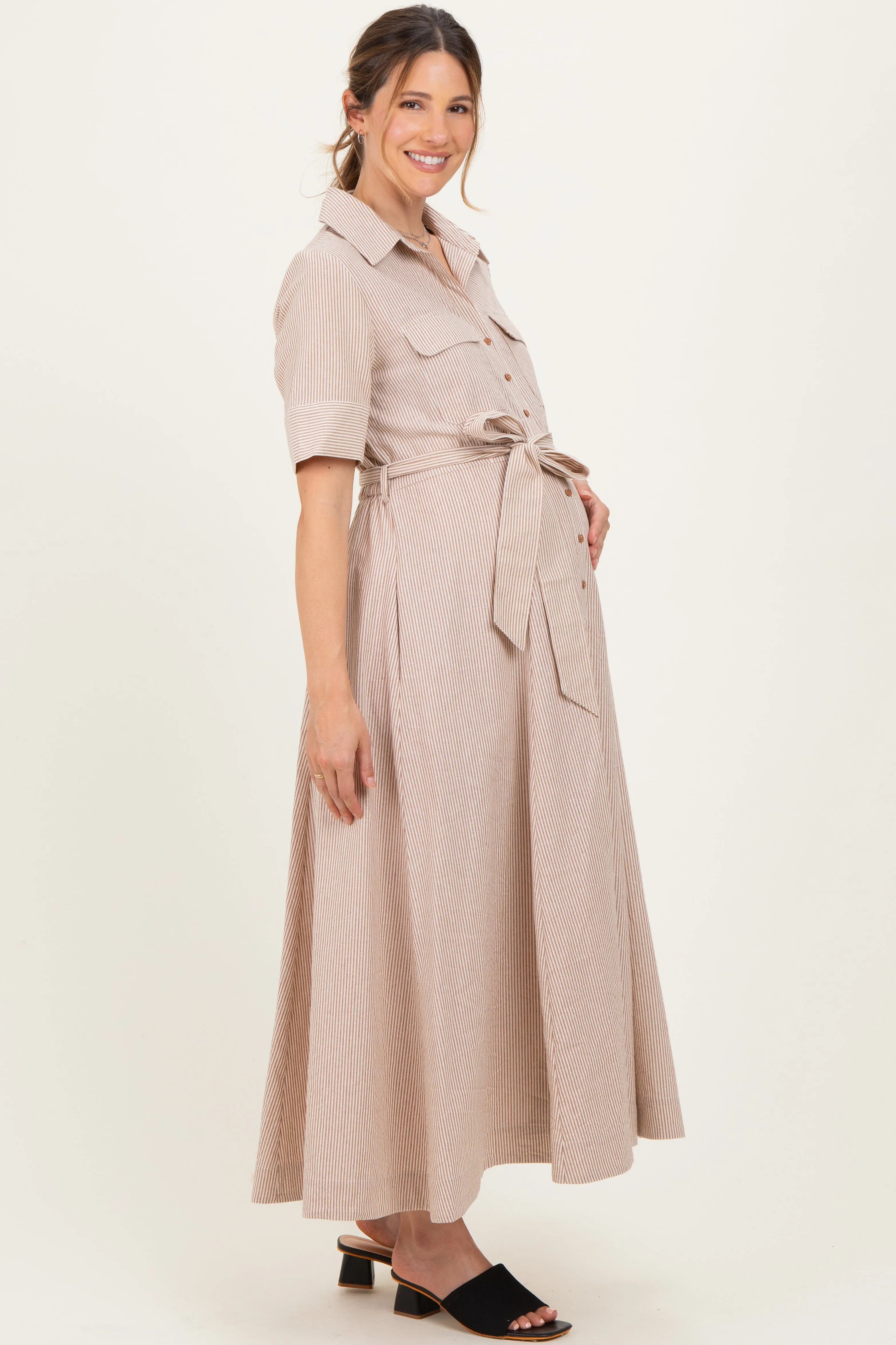 Beige Striped Cotton Button Down Maternity Maxi Dress sold by Pinkblush product image thumbnail 2