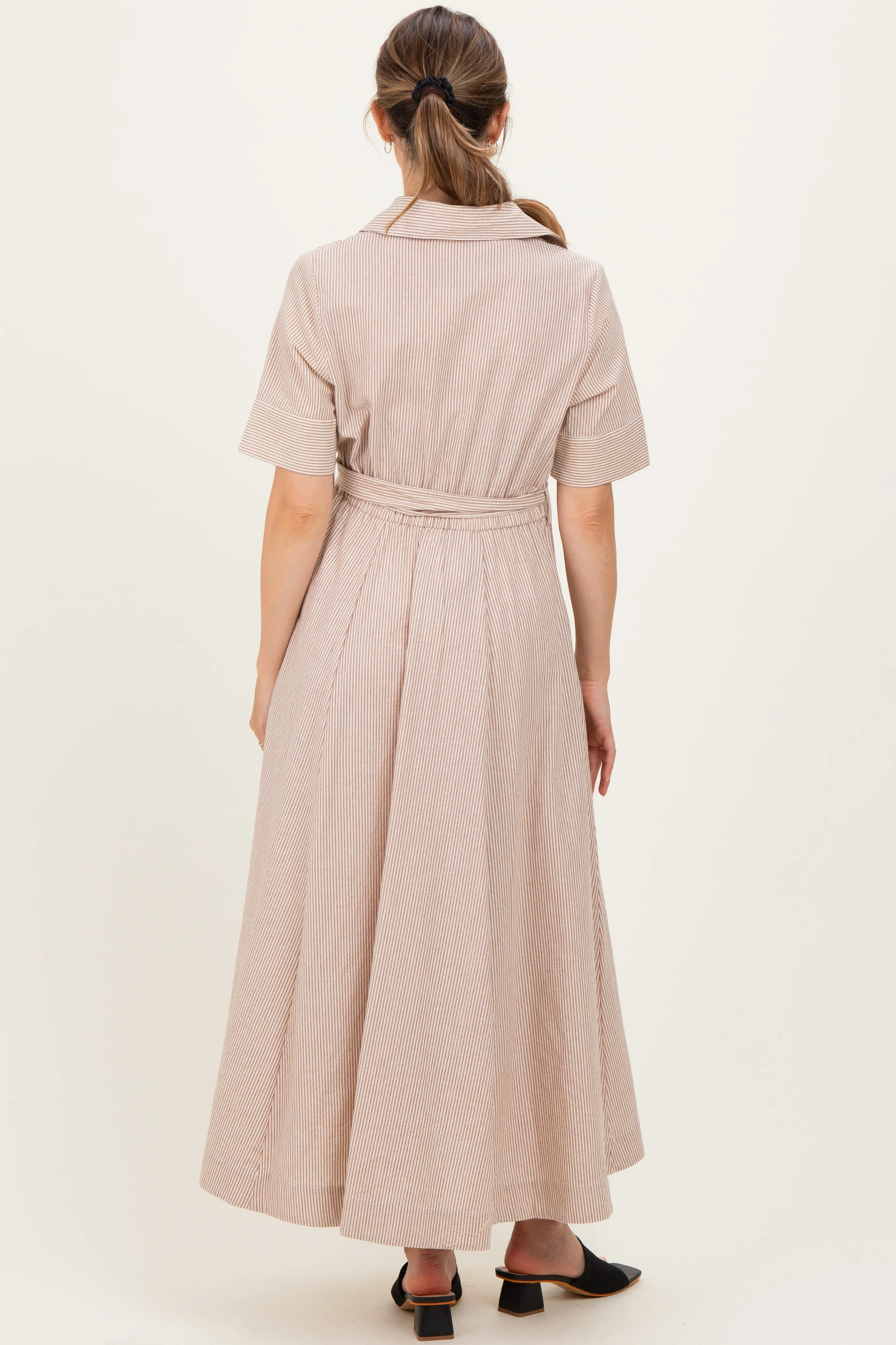 Beige Striped Cotton Button Down Maternity Maxi Dress sold by Pinkblush product image thumbnail 3